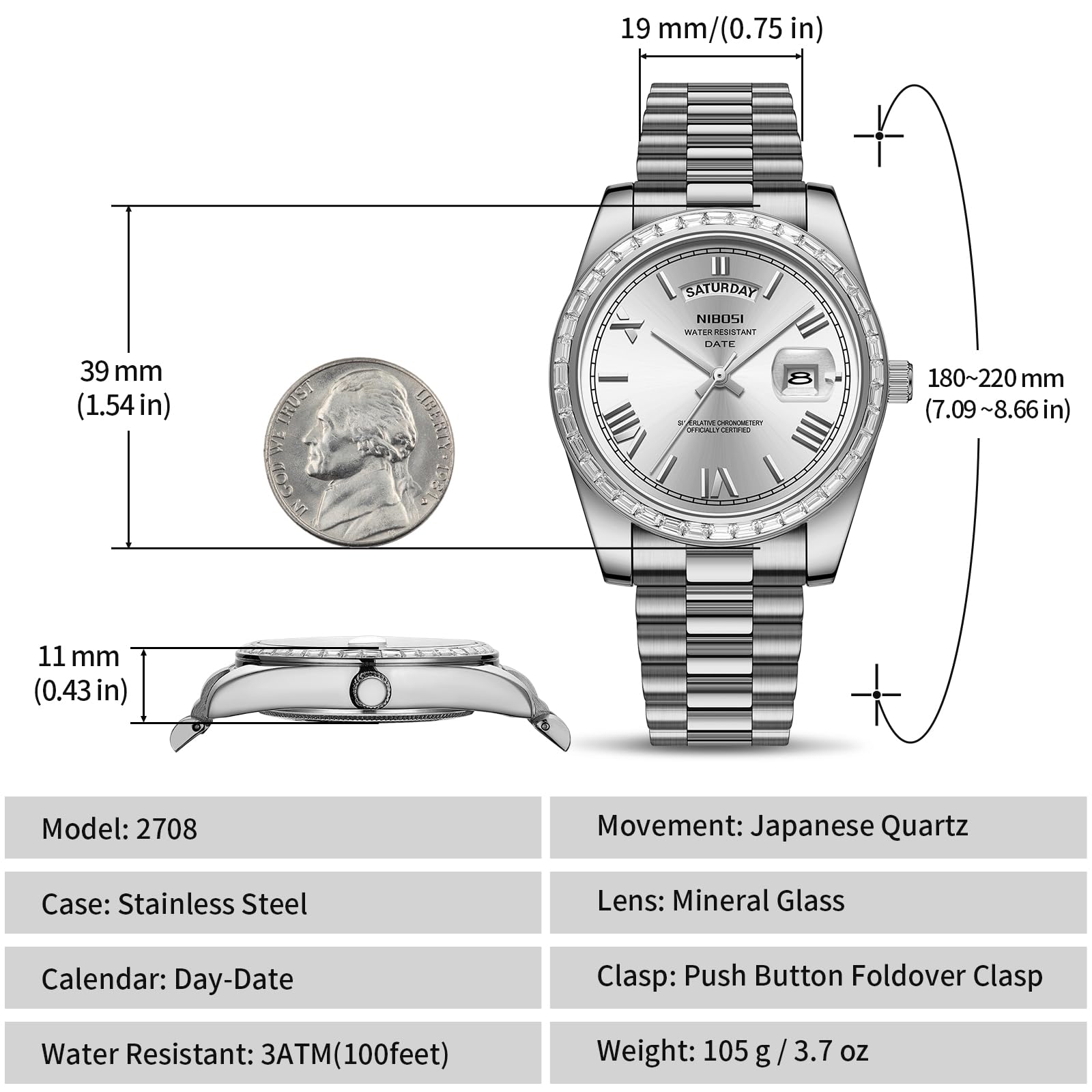 NIBOSI Men's Watches Analog Quartz Diamond Bezel Stainless Steel Dial Rose Gold Silver Watches for Men Waterproof Business Classic Dress Wrist Watch with Day Date