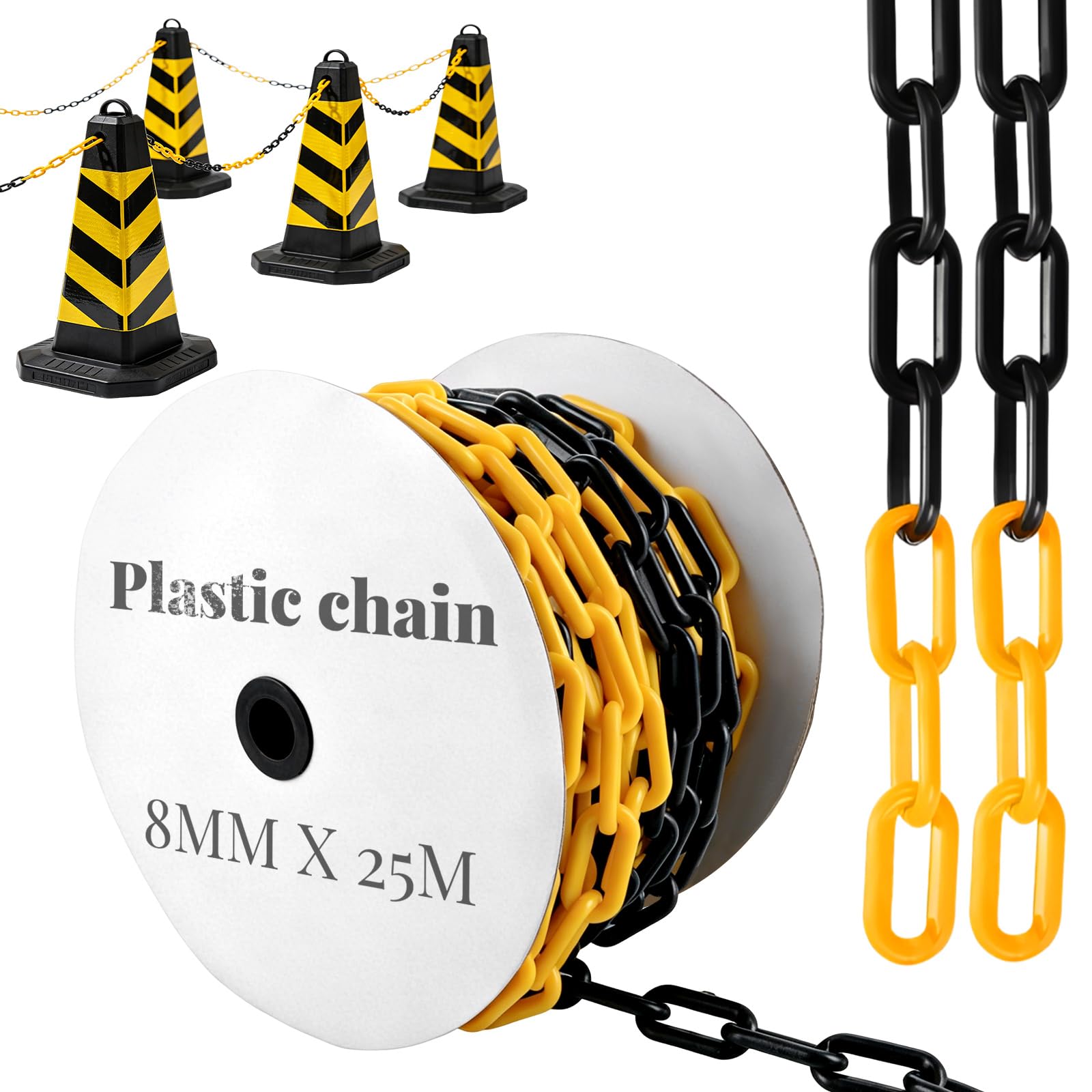 APACALI Chaîne de barrière de 25 m - En plastique noir et jaune - 8 mm d'épaisseur - Chaîne en plastique pour bloquer les surfaces - Bien visible, stable et maniable