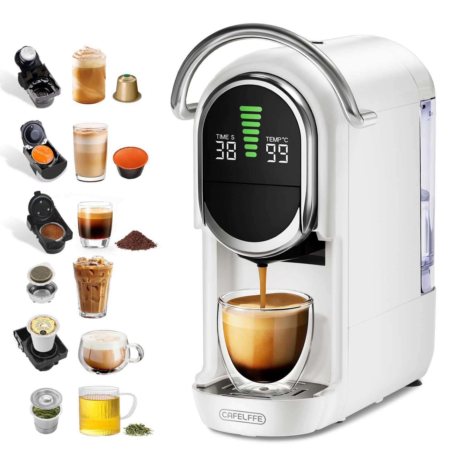 CAFELFFE MK-609S ekspres do kawy na kapsułki 6 w 1, 7 ustawień wody i funkcja parzenia na gorąco/zimno, 19 bar, kompatybilny z kapsułkami NES Original/DG/ESE/K-Cup/herbata/kawa mielona, 1450 W