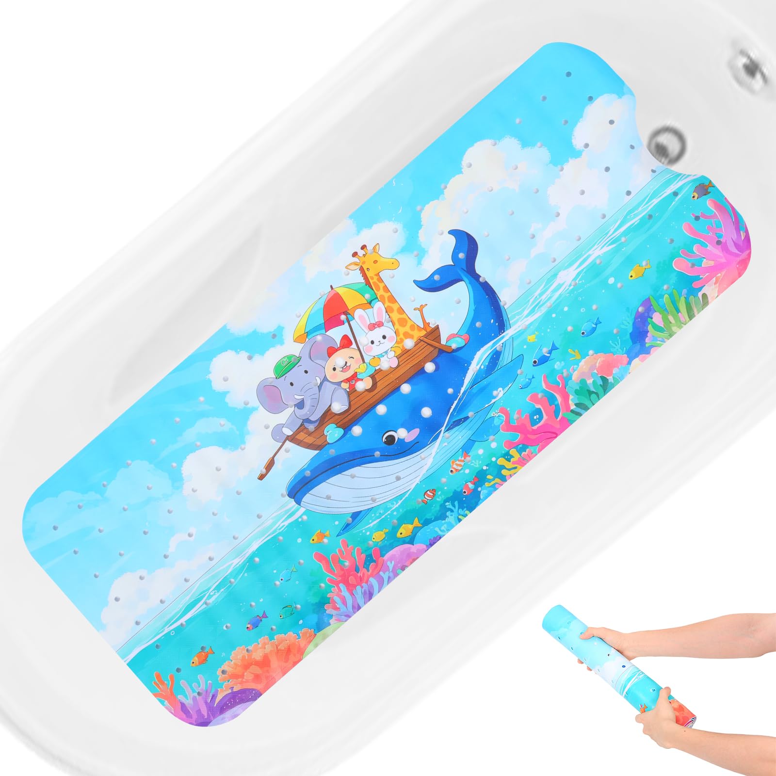 Bath Mat, 40x16inch Non Slip Cute Cartoon Shower Mat with Strong Suction Cups, Bathtub Mats for Toddlers Children, Machine Washable(A)