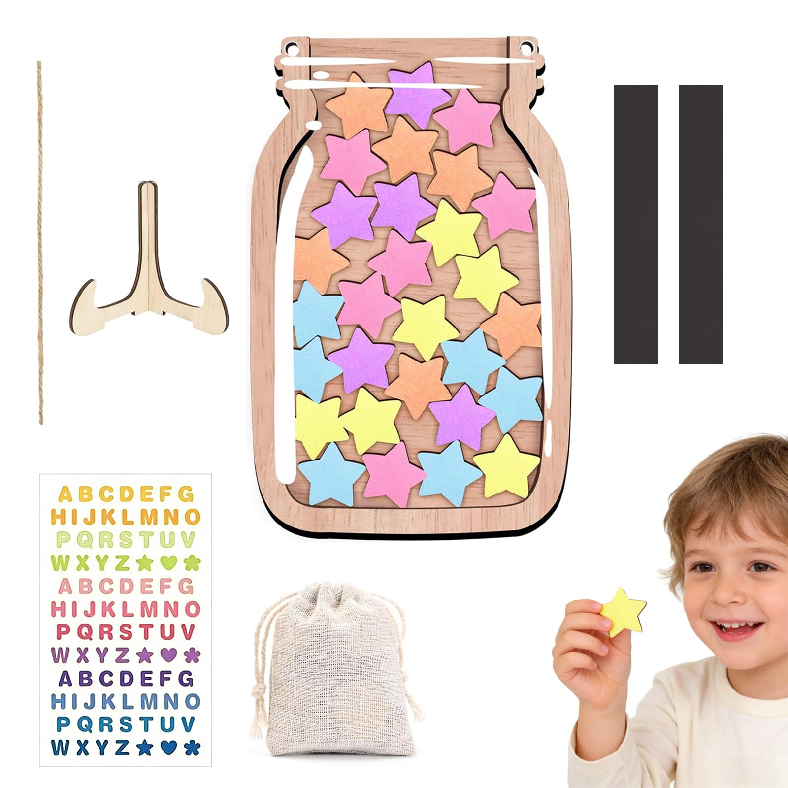 Belohnungsglas Kinder Magnetisch, Belohnungssystem Kinder mit Sternen, mit Seil zum Aufhängen und Halterung, Belohnungstafel kinder aus Holz für positiven Verstärkung in Zuhause und Schule