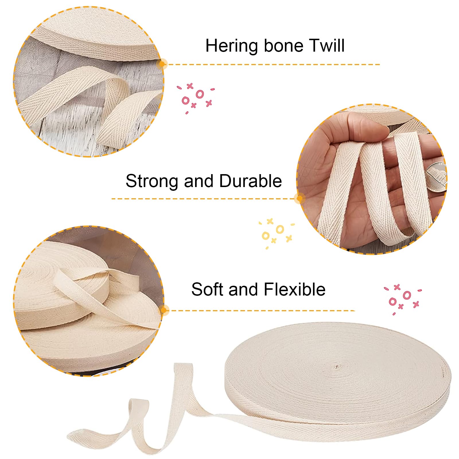 Cotton Twill Tape 20mm, 50M Bias Binding Bunting Tape for Sewing Herringbone Cotton Webbing Tapes Ribbon for Sewing Craft Beige - Image 3