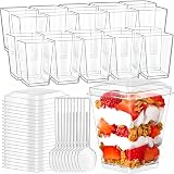 40 Pièces Tasses à Dessert, Gobelets à Dessert en Plastique, 160ml/5oz Verres à Dessert Réutilisables avec Cuillères et Couvercle, Coupes Gobelets Carrée pour Pudding, Crème glacée, Dessert, Mousse - 1