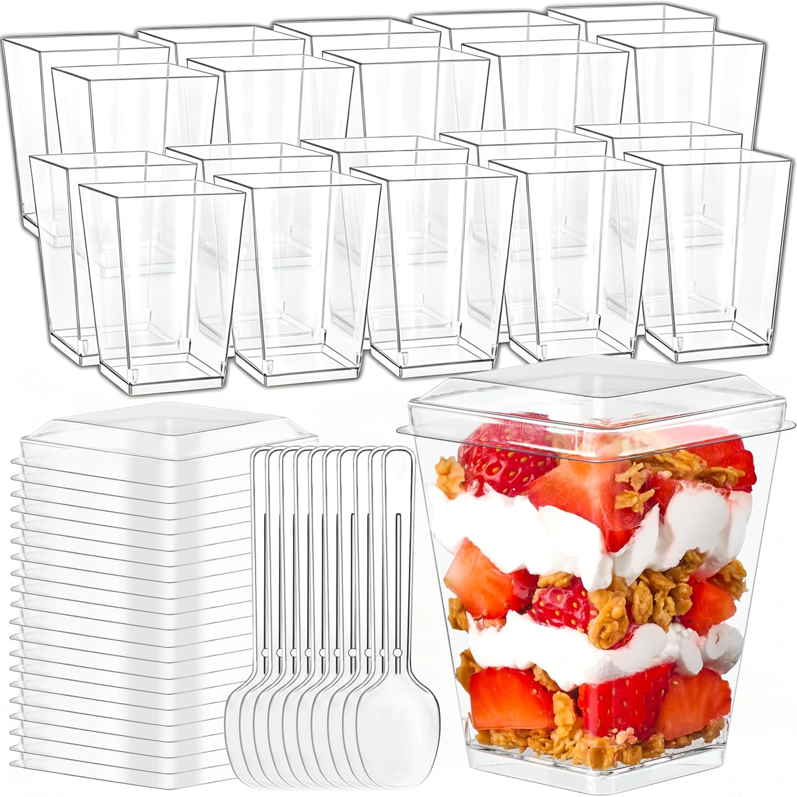 40 Piezas Vasos de Postre con Cucharas y Tapa, 5oz/160ml Reutilizables Tazas de Postre, Vasitos Aperitivos Plastico, Vasitos para Postres Transparentes, para Mesas de Postres de Bodas Navidad