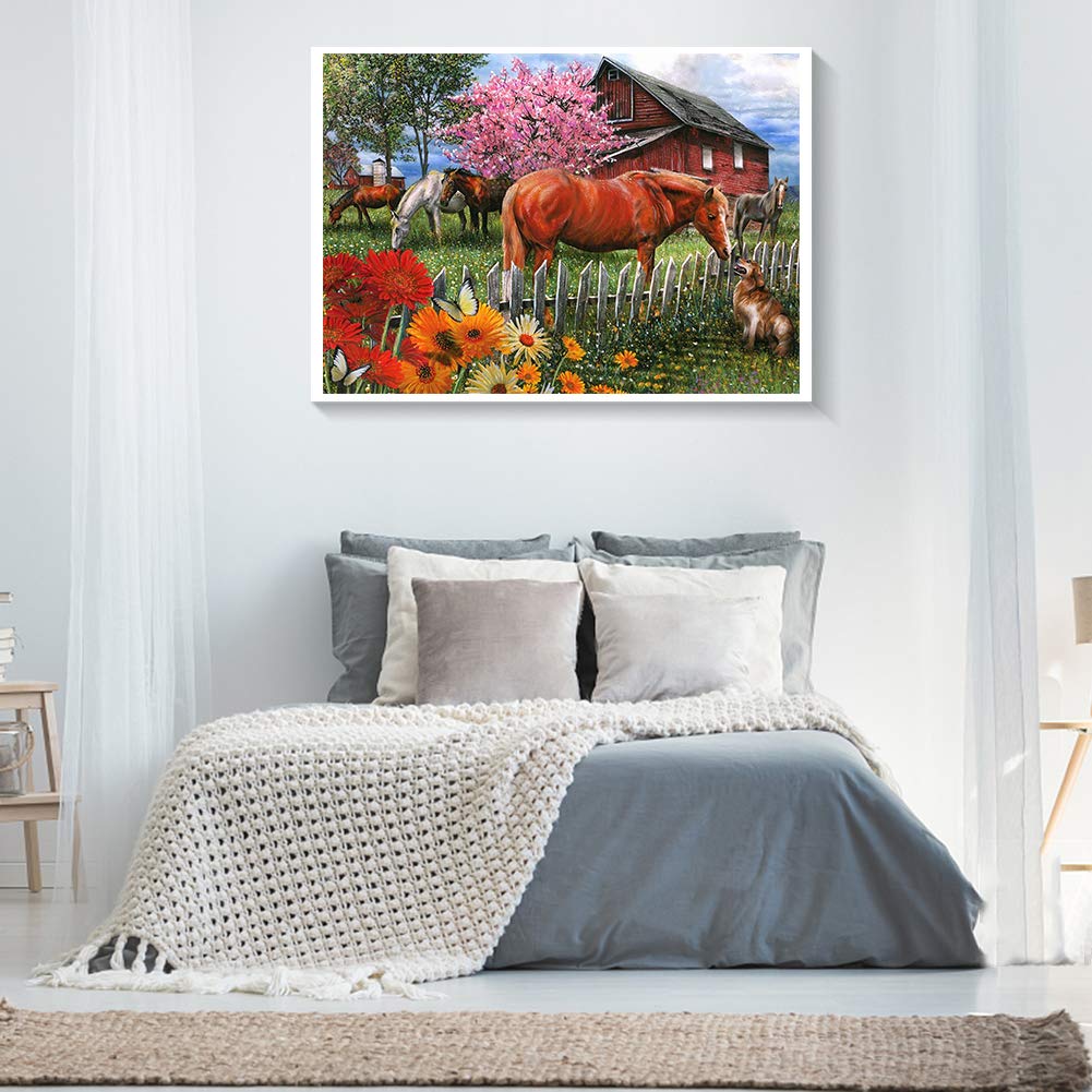 Kit De Peinture Diamant 5D à Faire Soi-même - Pour Adultes Et Enfants - Grande Taille - Cheval - Animaux - Strass - Point De Croix - Décoration Murale - Rond - 30 X 60 Cm