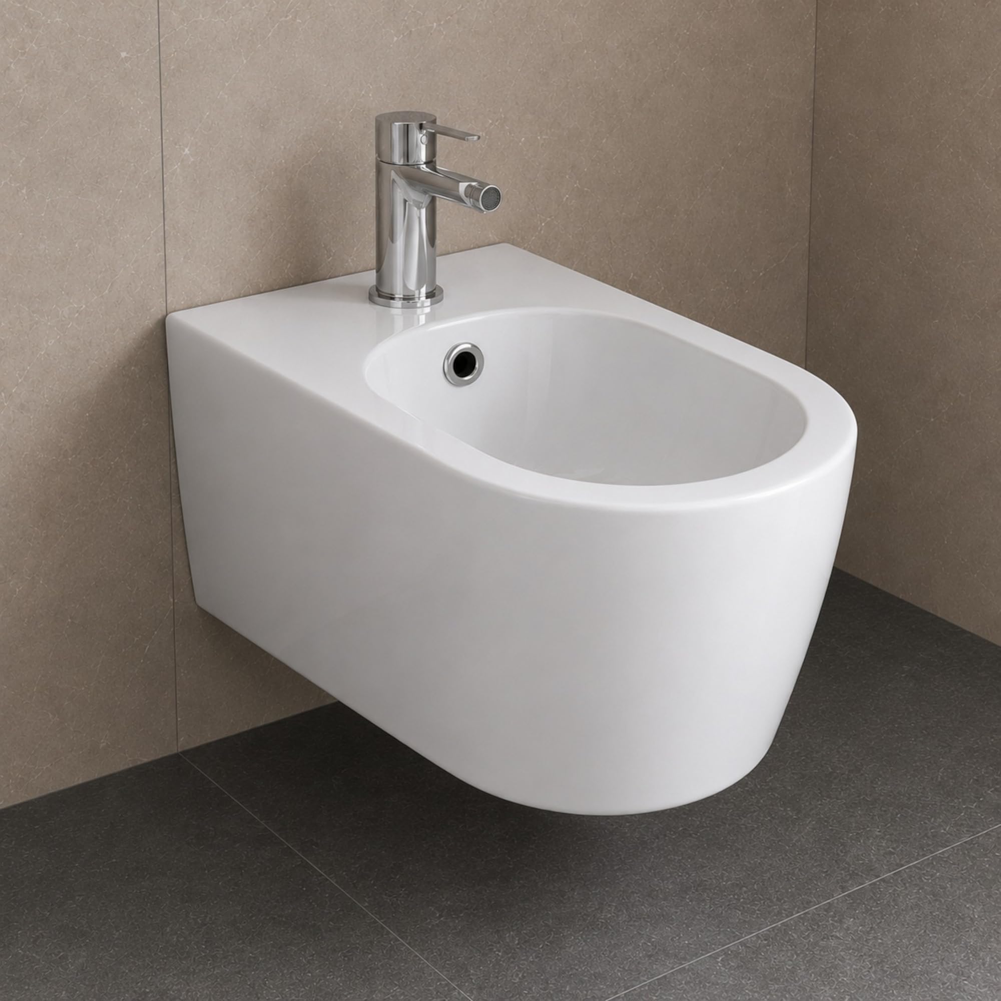 Giunone Bidet Sospeso in Ceramica Sanitaria, Scarico a Parete, Bianco Lucido, 35,5 x 51,5 cm