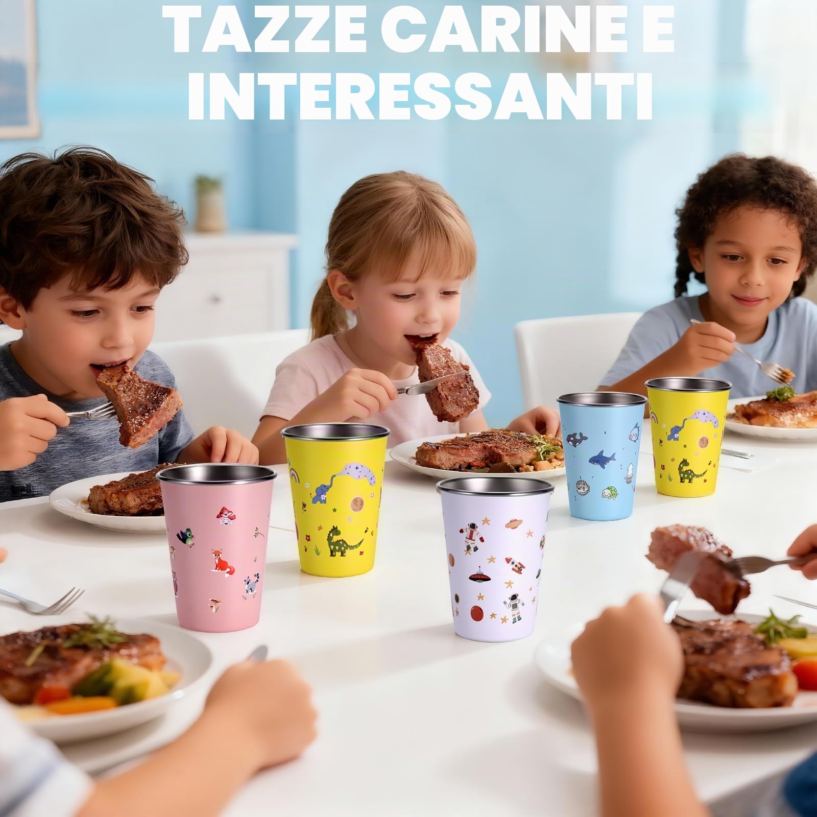 Hejo Set di 4 Tazze in Acciaio Inox per Bambini, Impilabile Tazza campeggio 350 ml, Riutilizzabili, Tazze infrangibili per bambini e bambine, per Picnic, Viaggi, Barbecue, Escursioni