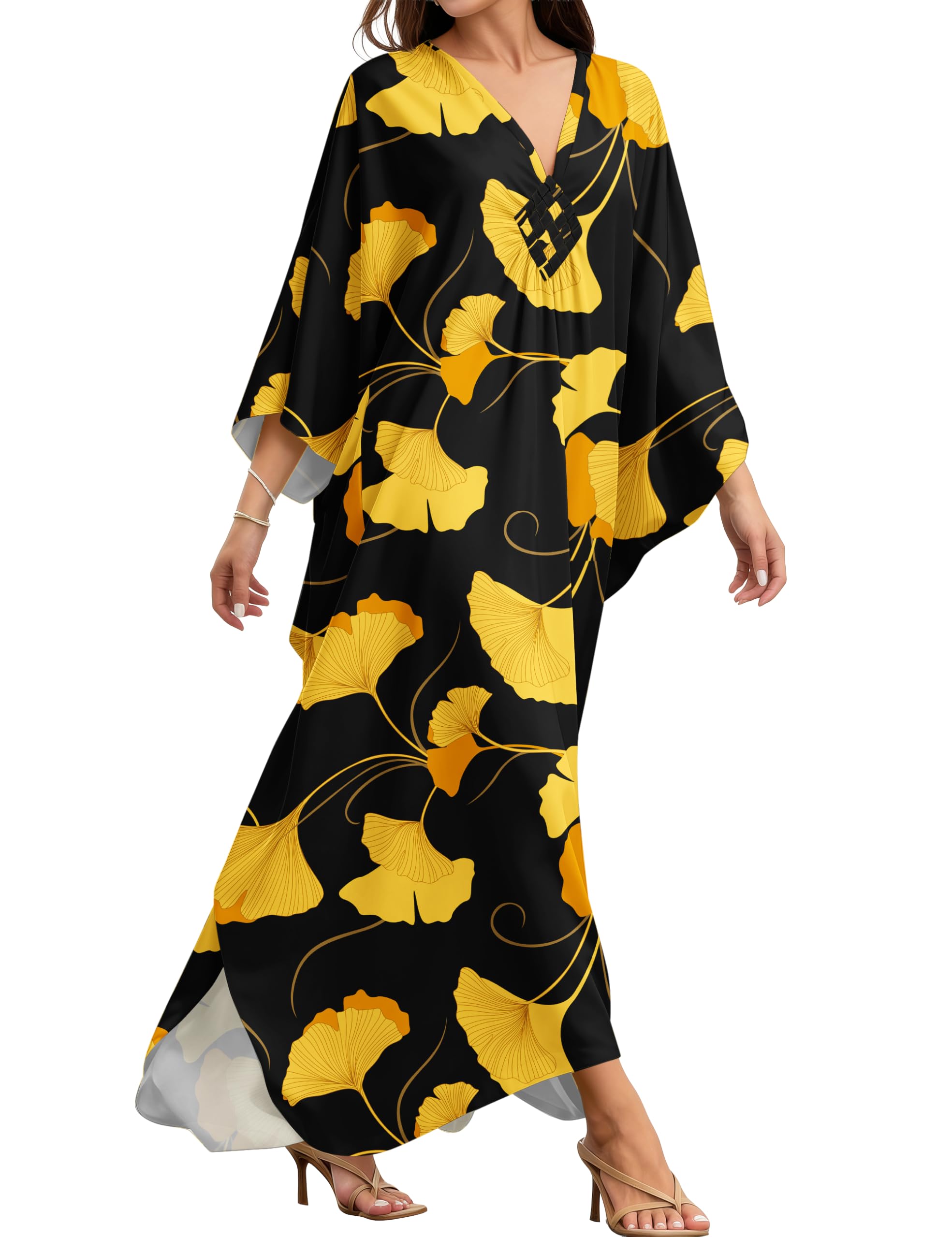 MAKABO Kaftan Dresses for Women V Neck Moo Moos Colorful Print Cover Ups | 100% Viscose Soft Skin Friendly, Breathable, Caftan Beach Dresses for Swimwear, Multi Pattern, Great Party Choice