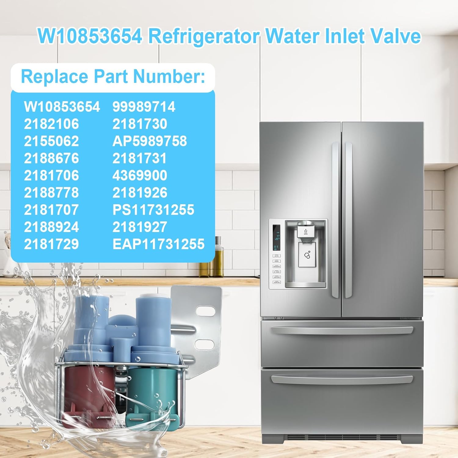W10853654 Refrigerator Water Inlet Valve Compatible With Whirlpool, Kenmore, Kitchenaid, Roper, Inglis Refrigerator, Replace 2182106 2188778 K-75384 AP5989758 PS11731255 2181707 2181729