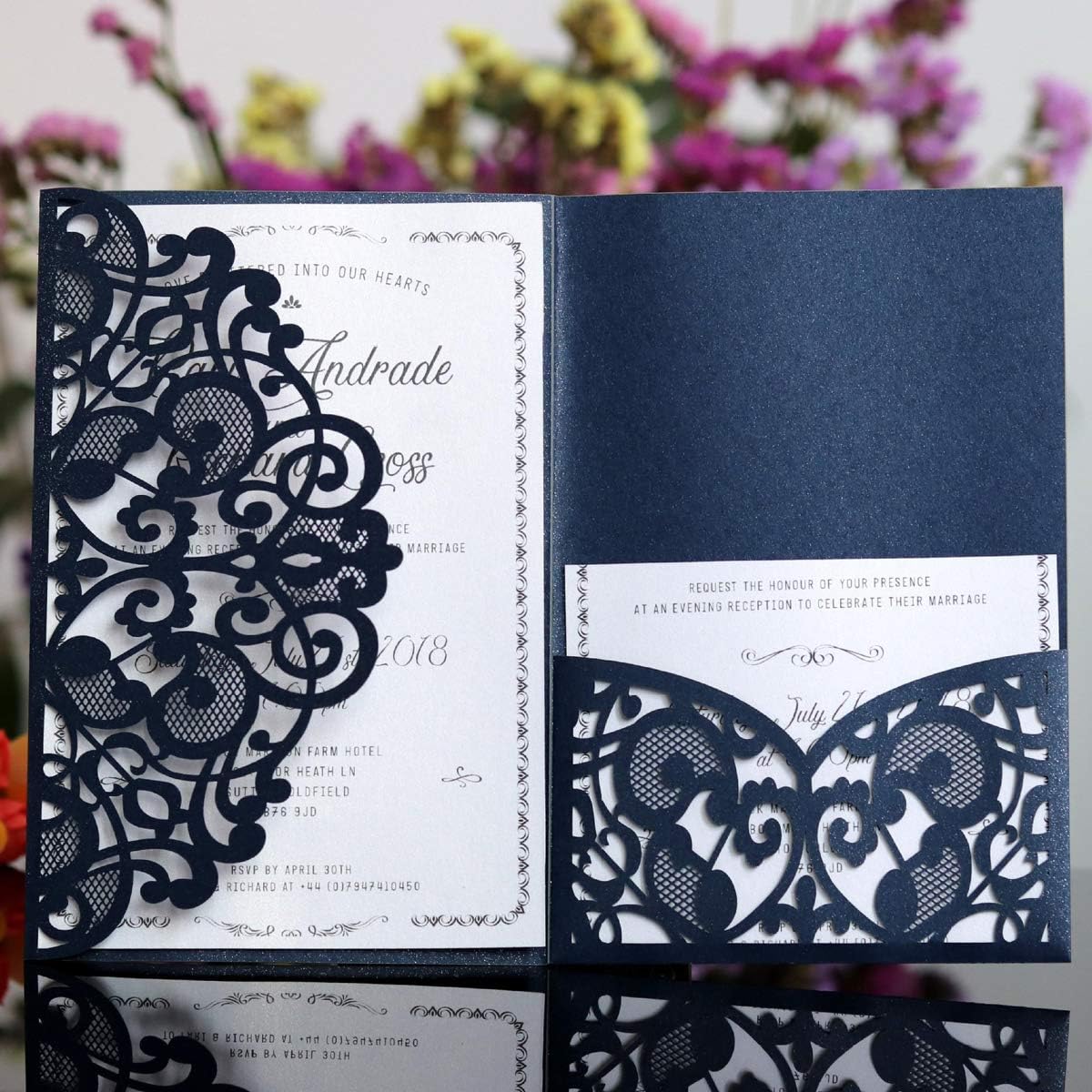 Hosmsua 20pcs Navy Blue Wedding Invitation with RSVP Cards Laser Cut Lace Horizontal Flora Invites for Bridal Shower Engagement Birthday and Envelopes (Set of 20pcs)
