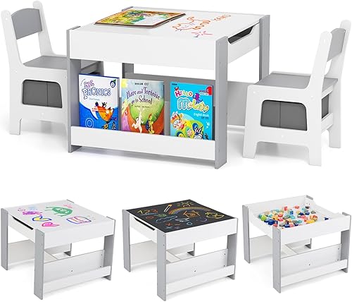 Miniatura 10 de KOTEK Juego de mesa y 2 sillas de madera para niños con pizarra y cajones de almacenamiento, mesa de actividades múltiples para niños para aprender,