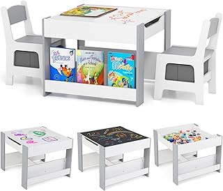 Costzon Kids Table and Chairs, 4 in 1 Wooden Activity Desk Set w/Reversible Tabletop, Bookshelves & Storage Drawers for Drawing, Reading, Crafts, Playing, Toddler Table and Chair Set (Gray)