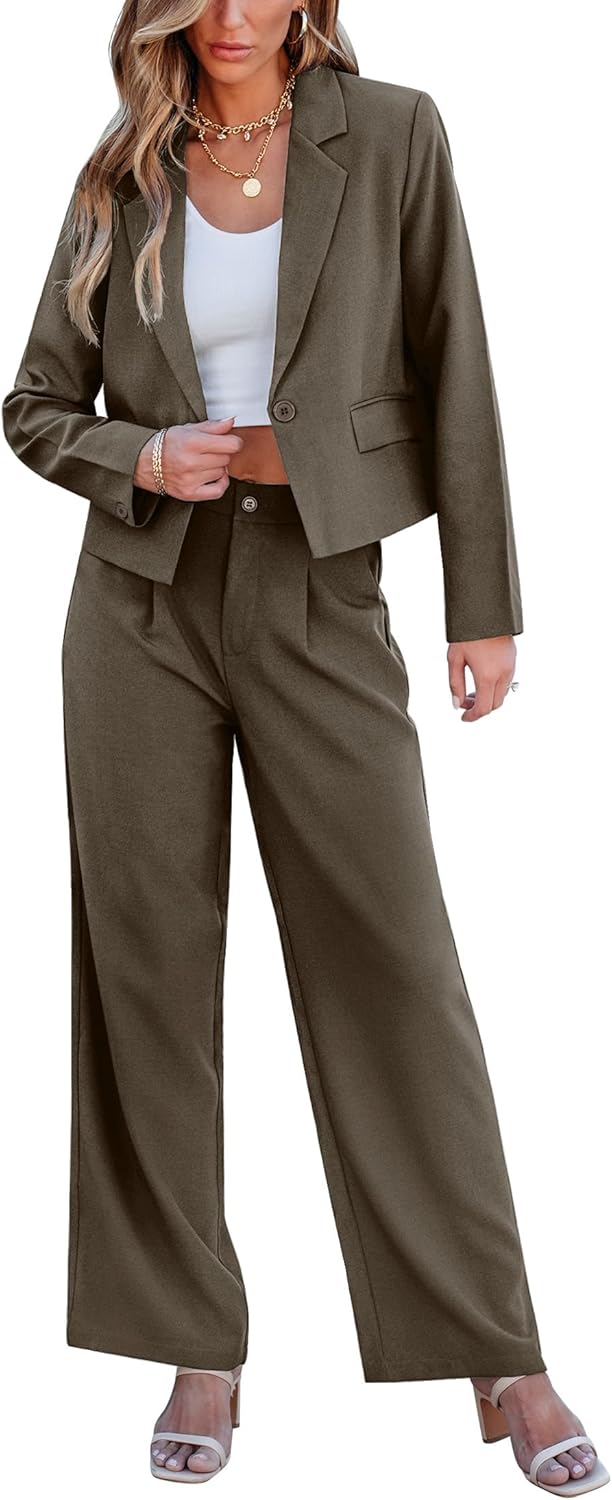 luvamia Suits for Women 2 Piece Sets Business Casual Outfits Dressy Cropped Blazer Wide Leg Pants Suit Office Work