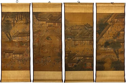 CIFIBIFUN Ancient Painting Replica Wall Poster Hainging Decor China Art,Song Dynasty Ascending the River at Qing Ming Festival for Walls Home Office Posters14""x39""x4Packs, Brown
