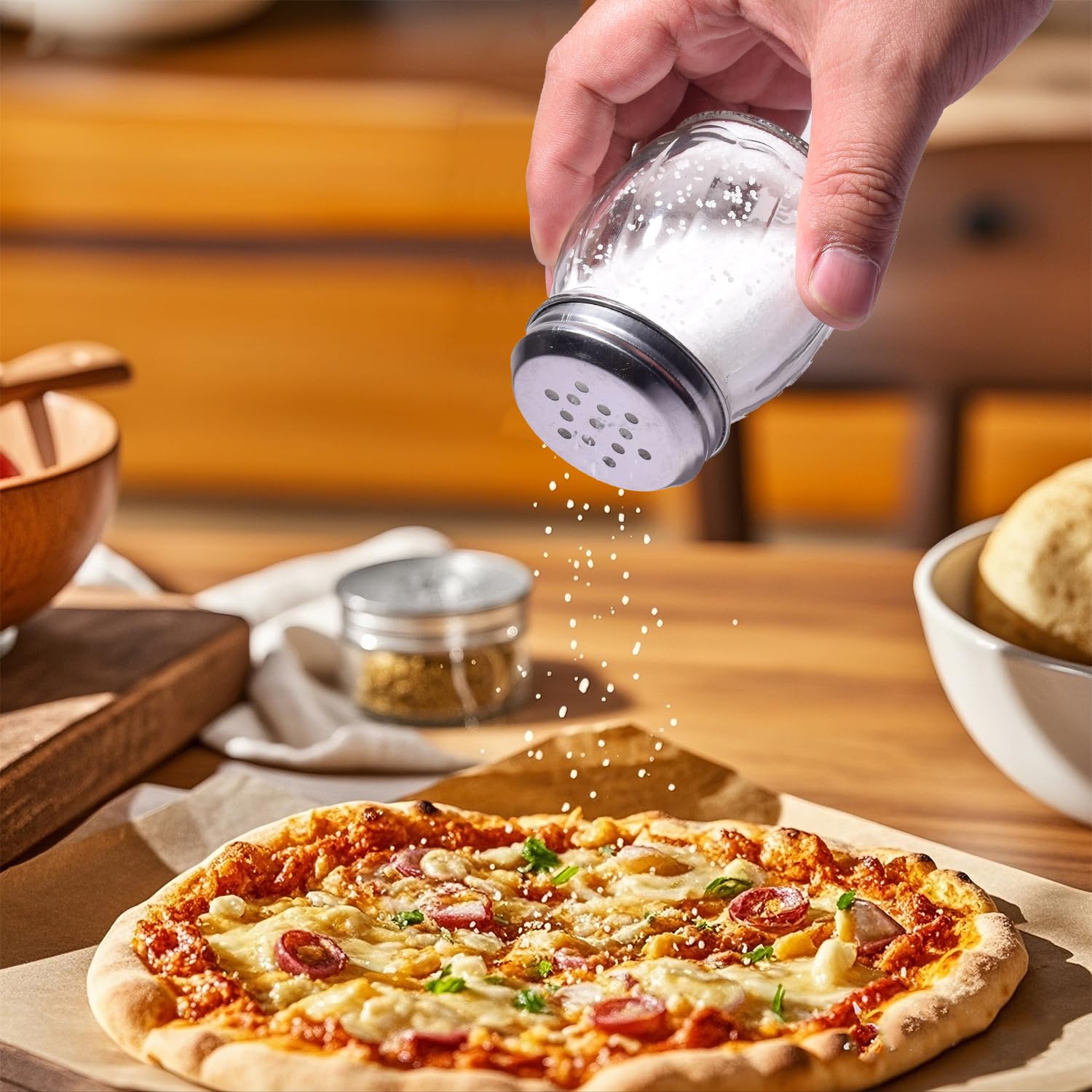 Coctelera de especias de 6 onzas con tapa de acero inoxidable, paquete de 20 coctelera de queso parmesano de vidrio con tapas ranuradas