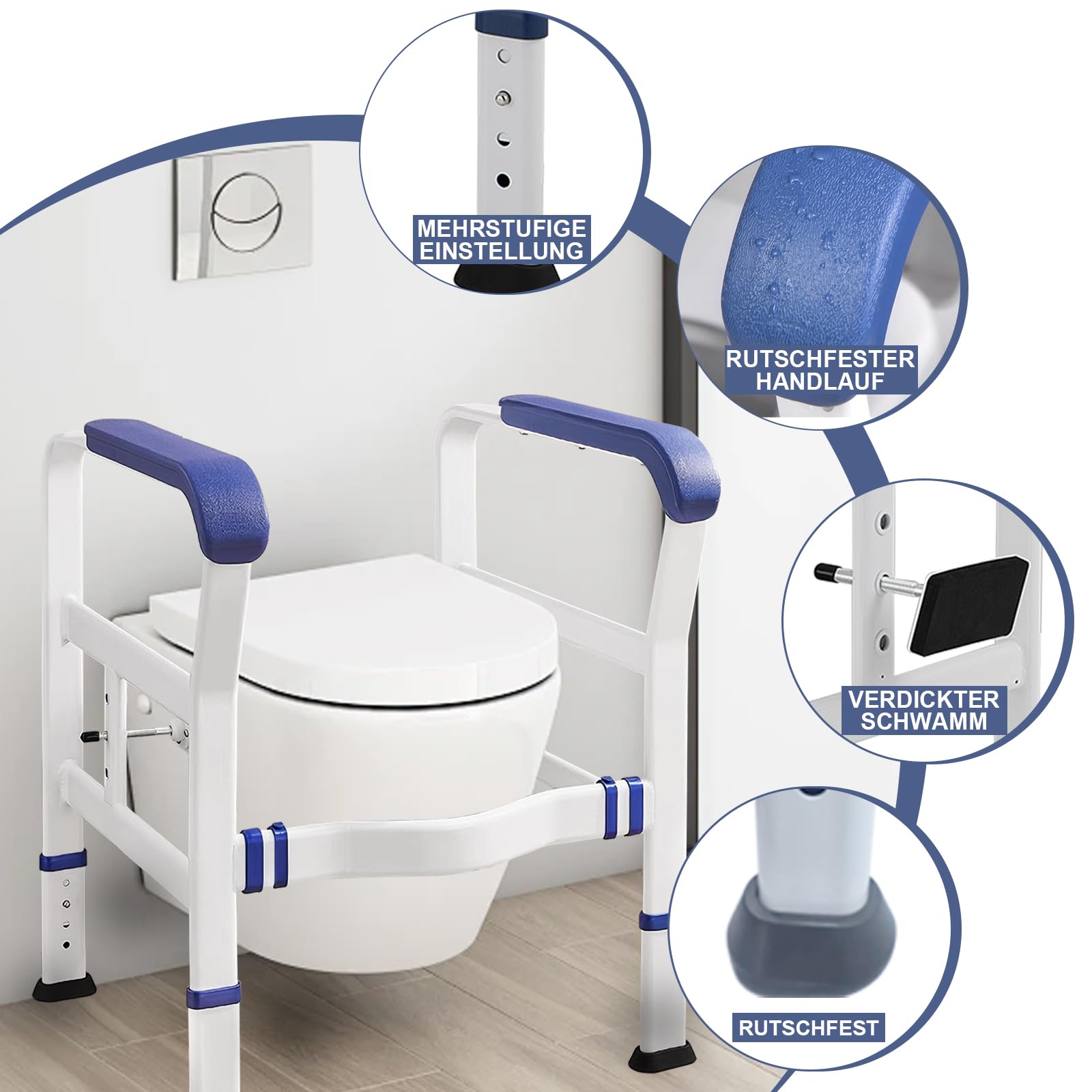 Supporto per WC Montato a Pavimento, Regolabile in Altezza, Telaio di Sicurezza con Braccioli per Anziani/disabili, Senza Foratura