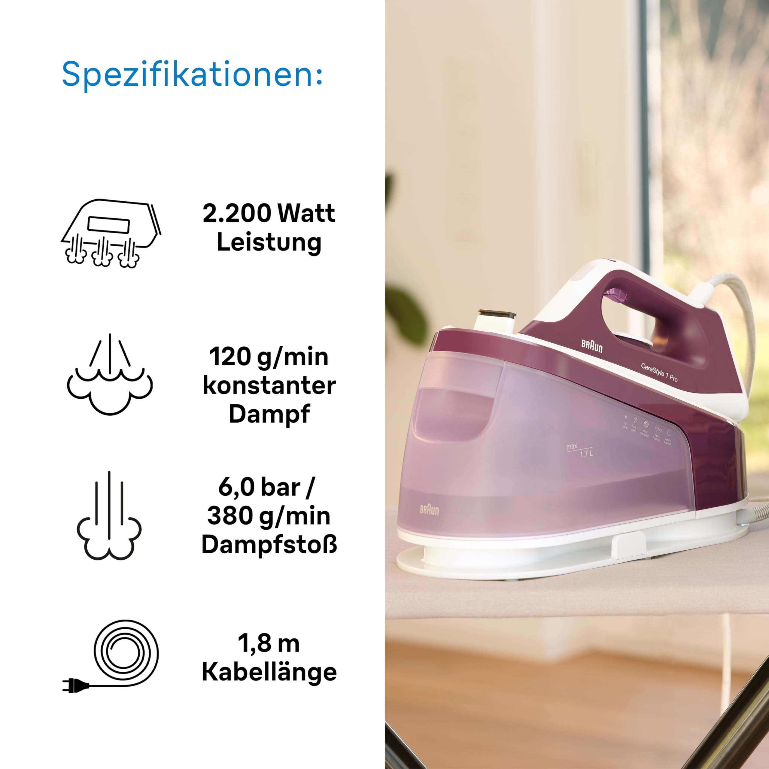 Braun CareStyle 1 Pro IS1514 VI Dampfbügelstation - Dampfbügeleisen mit FreeGlide 3D Technologie, Vertikaldampf, Anti-Tropf-Funktion, 1,7L Wassertank, 6 bar, 120 g/min, 2200W, Violett