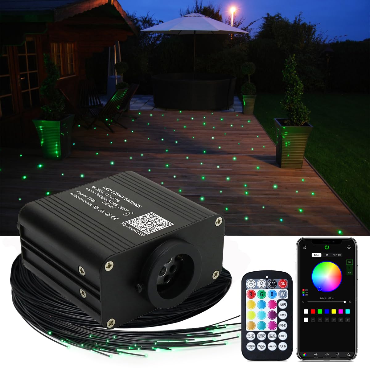 AZIMOM Black Cover PMMA 150pcs 0.03in 6.5ft Fiber Optic Cable, 16W Twinkle&Sound Mode Light Box,Decorative Twinkle Star Light for Home Pool Floor Wall