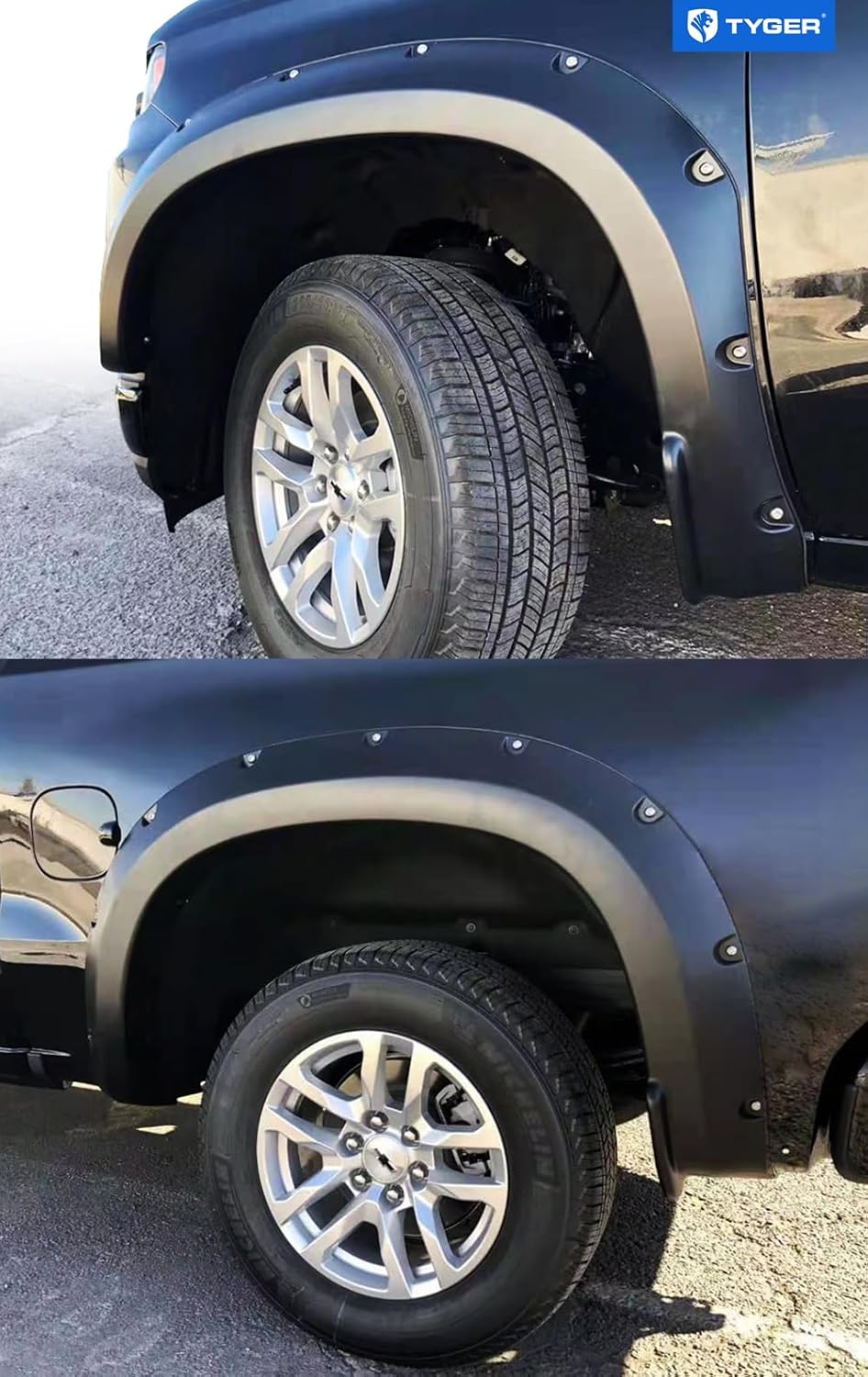 Tyger Auto Fender Flare Compatible with 2019-2021 Chevy Silverado 1500 (Not Fit 19 LD), Smooth Textured Black Paintable Bolt-Riveted Style 4pc | TG-FF8C4588