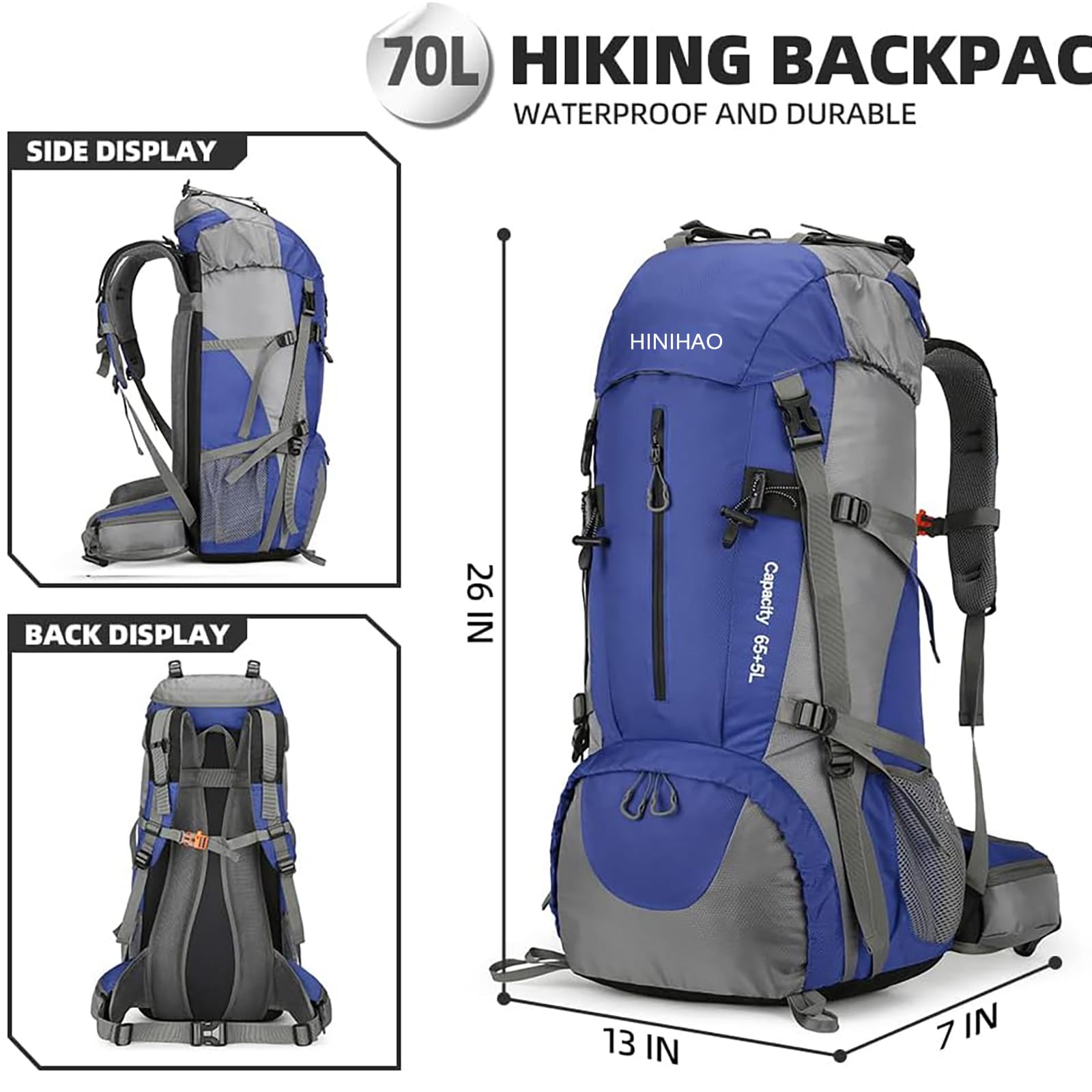 HINIHAO 70L Camping Hiking Backpack with Rain Cover Backpacking Backpack for Treeking Outdoor Travel Pack (70L Blue)
