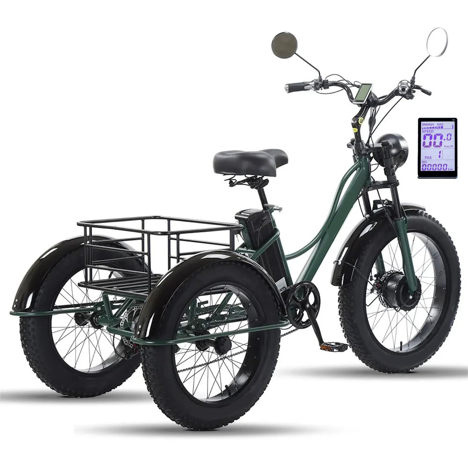 Triciclo elettrico per adulti da 24 pollici, 7 velocità, pneumatici larghi, bici a 3 ruote con batteria da 48 V 18 Ah, autonomia di 64 km, 3 modalità di guida, ampio cestino portaoggetti, di