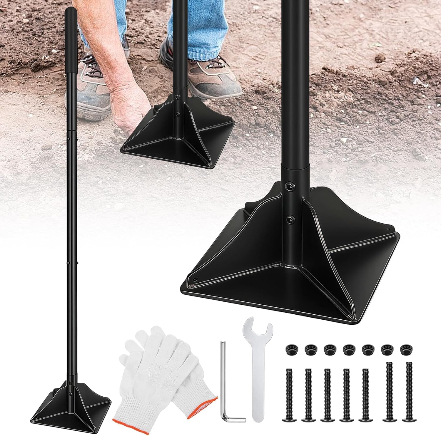 WERKTHOR Machacador de suelo de acero desmontable, 122 cm de alto, con placa base de 20 x 20 cm, apisonador manual para compactar con mango de goma