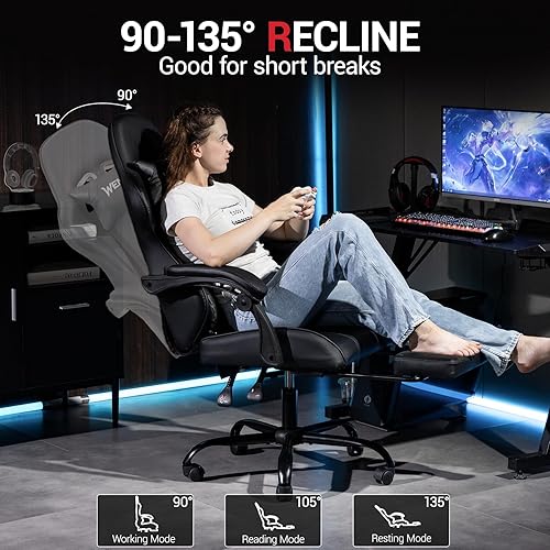 Miniatura 6 de Silla para videojuegos, silla de videojuegos con reposapiés y soporte lumbar de masaje, silla ergonómica de computadora ajustable en altura con