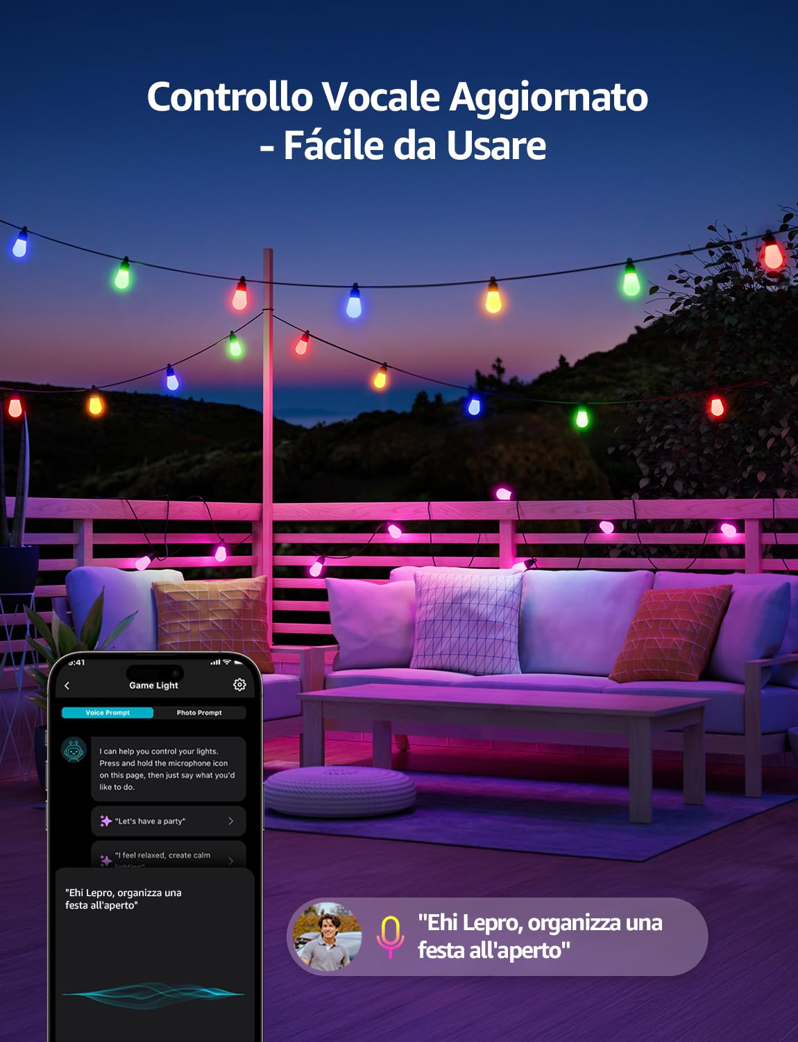 Lepro ZB1 AI Luci Esterno 15M per Balcone,Giardino, Natale Decorazioni | Catena Luminosa Esterno Funziona con Alexa/Google Home,Progettista Illuminazione AI Personalizzato,Modalità Multiple