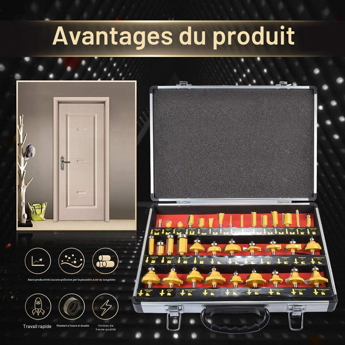 KATUR 35Pcs Fraises en carbure de tungstène réglées 1/2 queue, Fraises en carbure de tungstène réglées avec un boîtier en alliage, Outils de coupe de fraisage pour le bois (queue de 1/2")