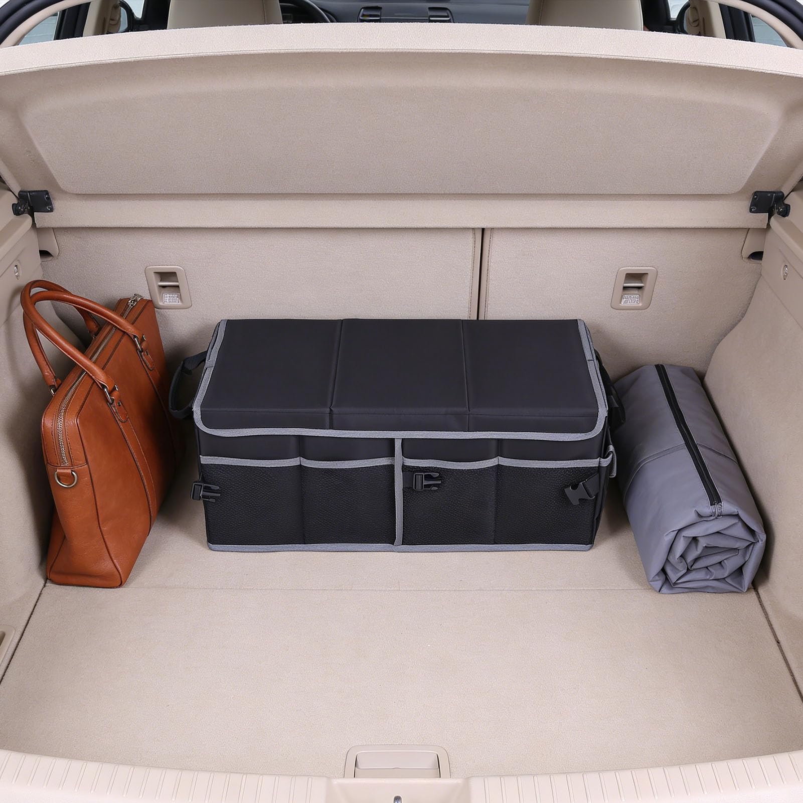 Jiawu Organizer per Bagagliaio per Auto, Organizer per Bagagliaio Pieghevole in Tessuto Oxford Impermeabile, per Auto Multi Scomparto con Divisore Rimovibile e Tasche a Rete per Campeggio, Picnic,