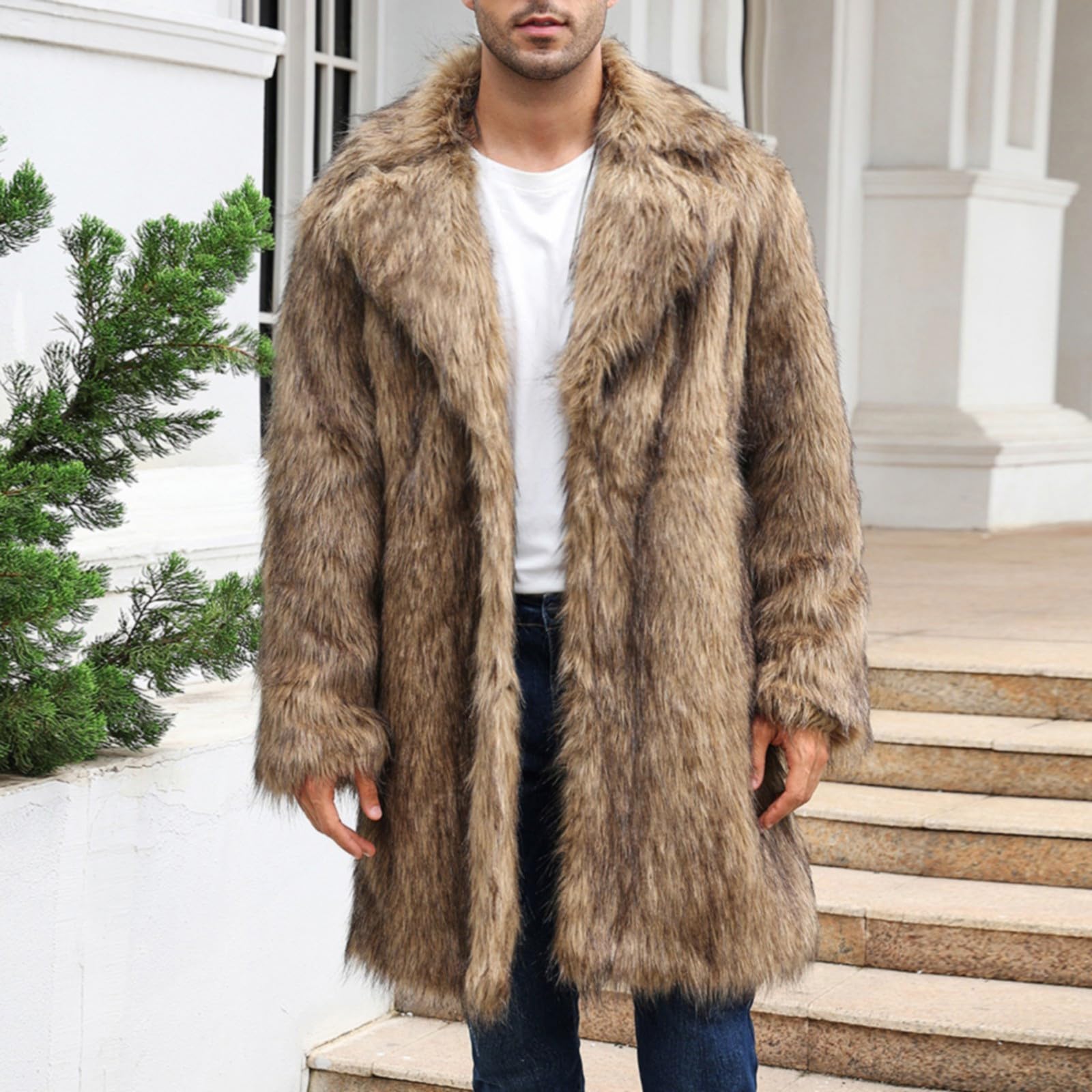 Generisch Herren Kunst Pelzmantel Winterjacke Lang Kunstpelz Mantel Reverskragen Plüsch Strickjacke Warme Felljacke Pelz Jacke Lose Wintermantel Revers Pelzjacke Jacke Männer Parka