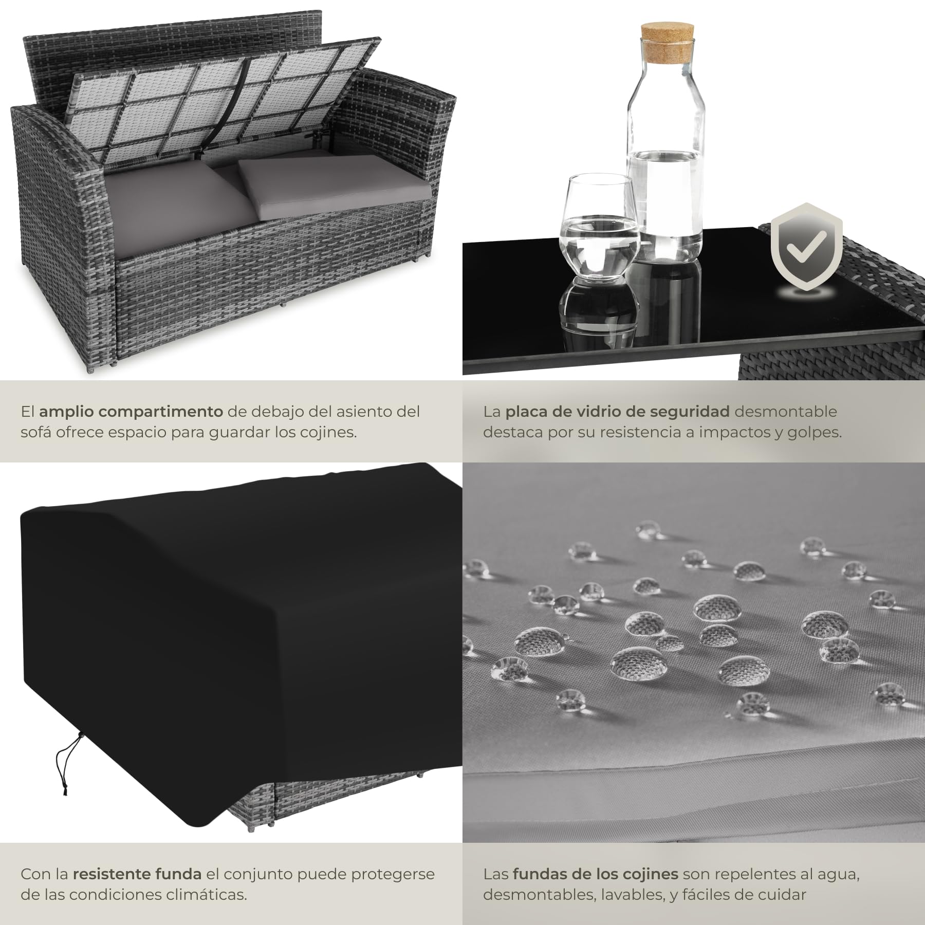 tectake® Conjunto Jardín Exterior de Ratán y Acero, Diseño Arqueado, Muebles Jardín Exterior Resistente a la Intemperie, 2 Sillones, 2 Taburetes, 1 Mesa con Cristal, con Cojines y Funda - Gris