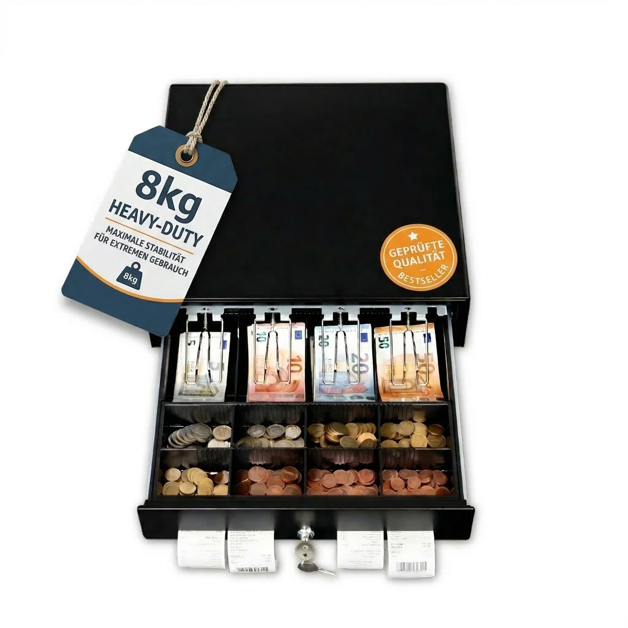 Ratiotec Cash RCD 250 Tiroir-caisse électronique, 8 compartiments à pièces, 4 compartiments pour billets, rails télescopiques, caisse à monnaie verrouillable pour systèmes de caisse et imprimante de