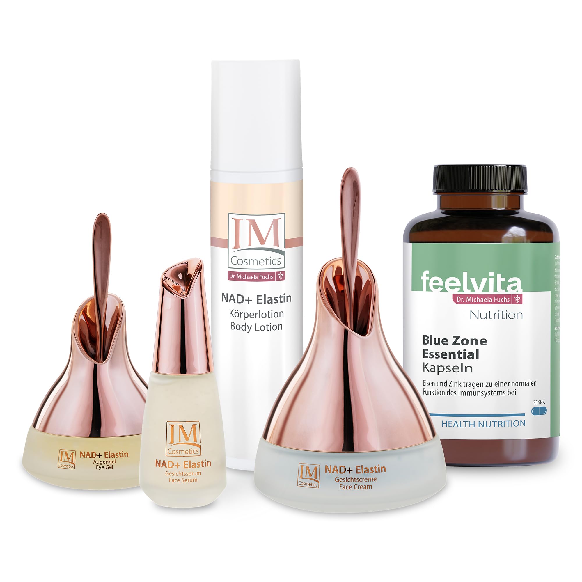 Genius Feelvita IM Cosmetics NAD+ Elastin Inside-/Out Set 5-tlg. mit Anti‑Aging Gesichtscreme & Serum, Augengel, Körperlotion & Blue Zone Essential Kapseln (90 Stück)- für sichtbar straffere Haut