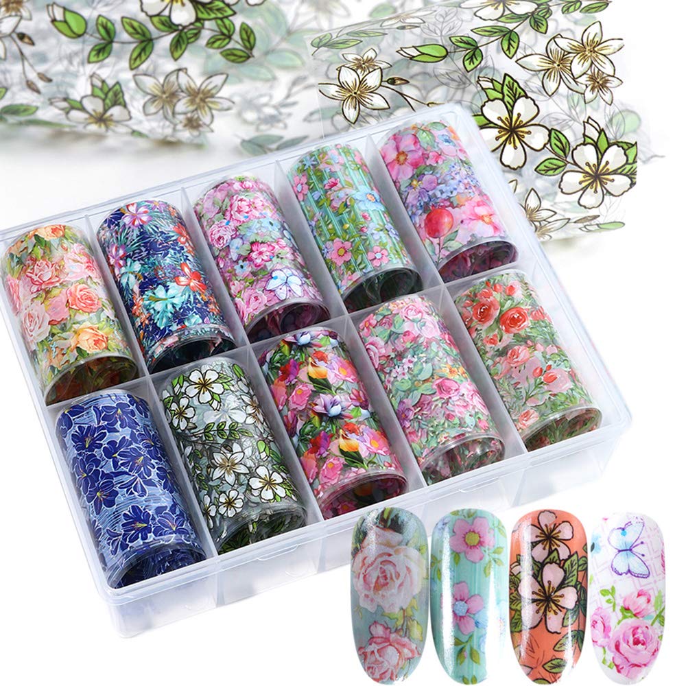 buy macute nail foil transfer stickers flower print nail art supplies foil transfers 10 rolls holographic starry sky flowers leaf butterfly designs nail foils decals for manicure wraps decorations online at desertcart