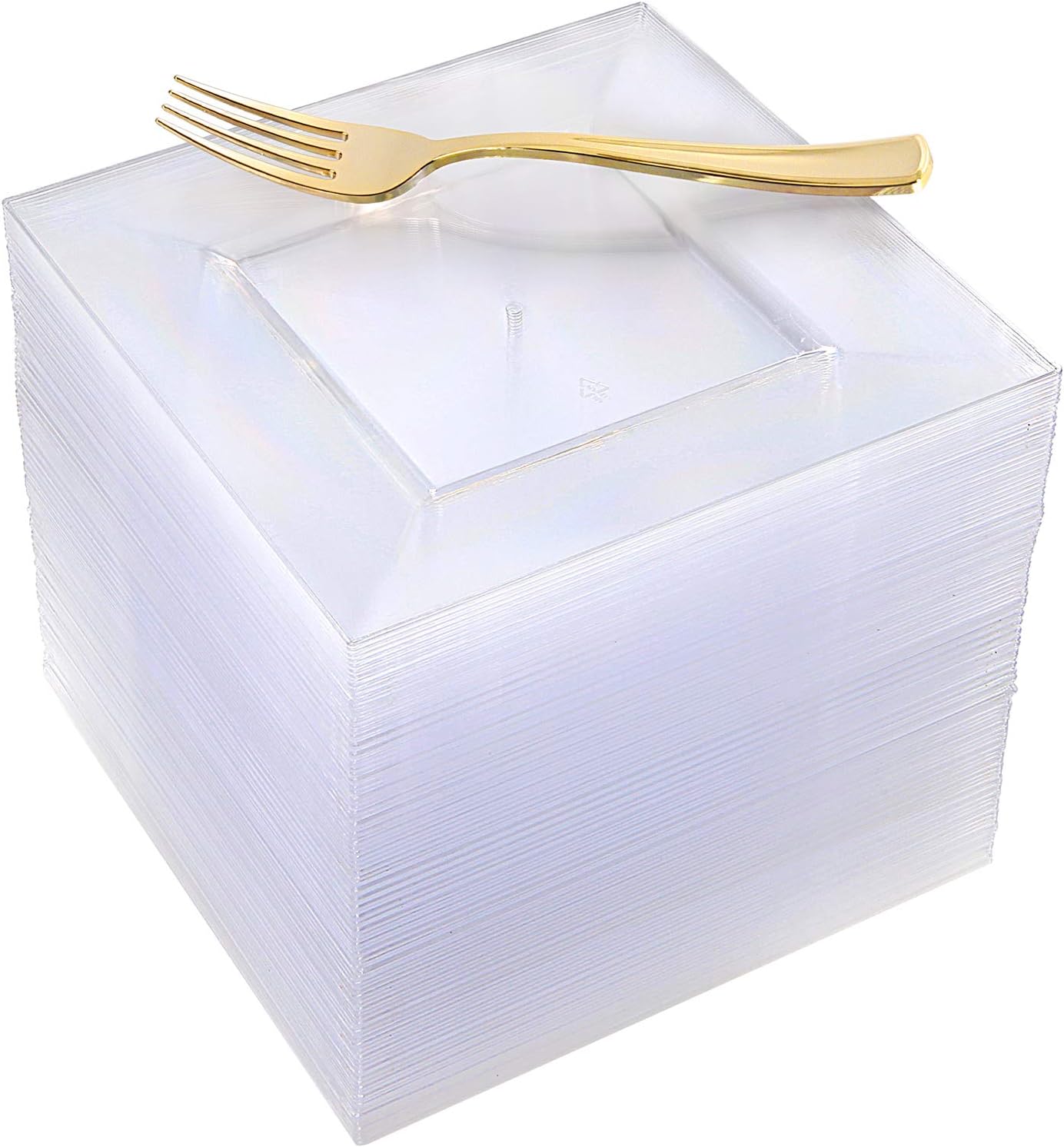 100pcs Clear Square Dessert Plates，100pcs Plastic Gold Forks, Clear Plastic Salad Plates, Reusable, Adorable Appetizer Plates, Gold Plastic Silverware, 7" Clear Plates and 7,4" Gold Forks, Supernal