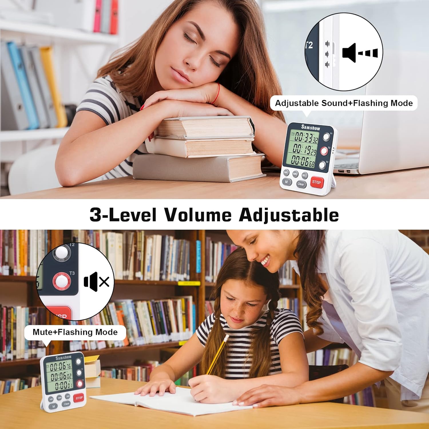Samshow Digital Dual Kitchen Timer showing adjustable sound and flashing mode