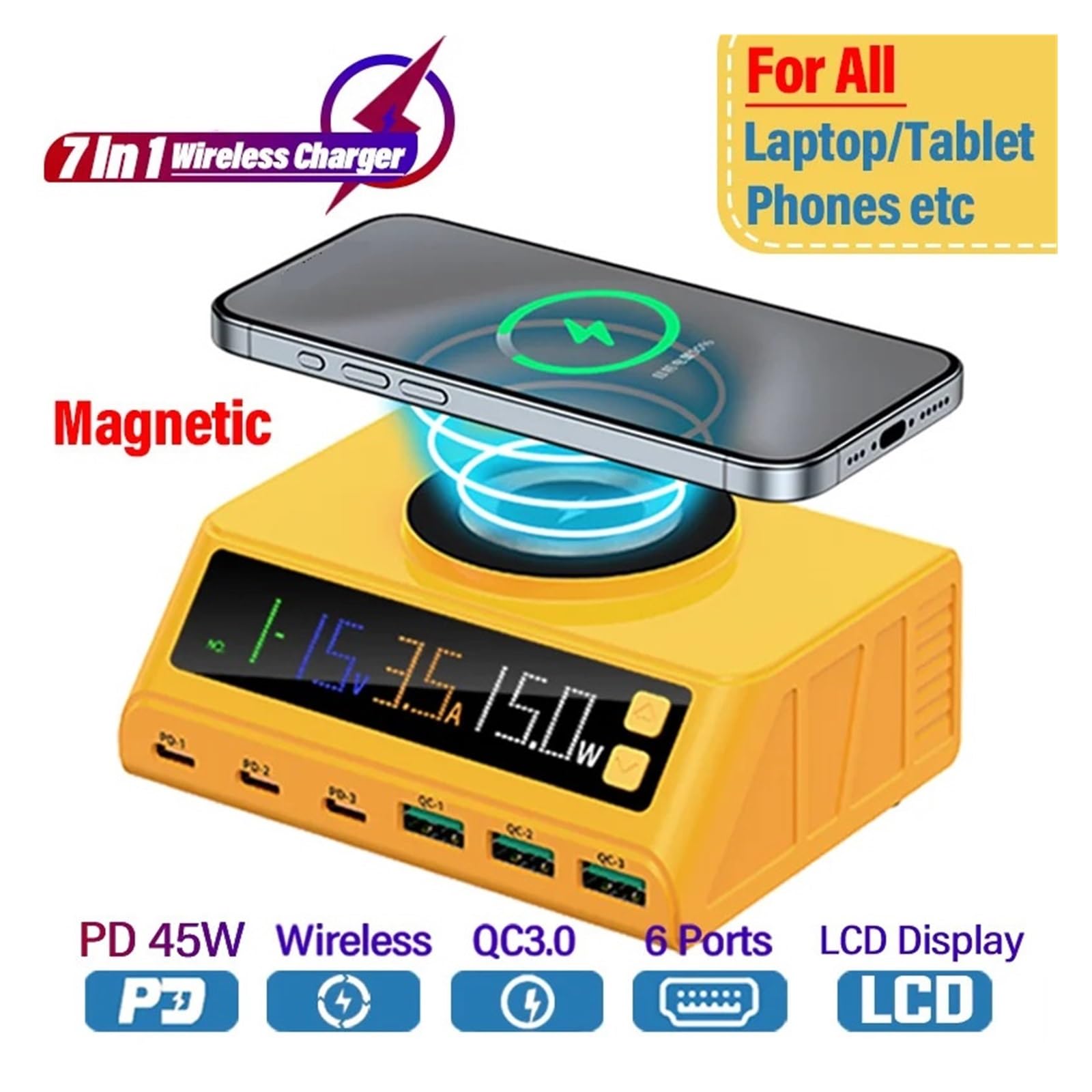 Station De Chargeur USB 110W À 6 Ports, Charge Rapide sans Fil Magnétique QC3.0 PD3., for Tous Les Téléphones Et Ordinateurs Portables Capacité De Charge Rapide(Yellow)