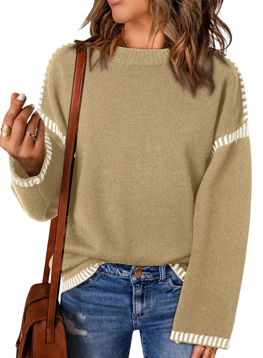 CHARTOU Womens Color Block Ribbed Knit Sweaters Crewneck Oversized Long Sleeve Striped Pullover Fall Loose Knitted Jumper