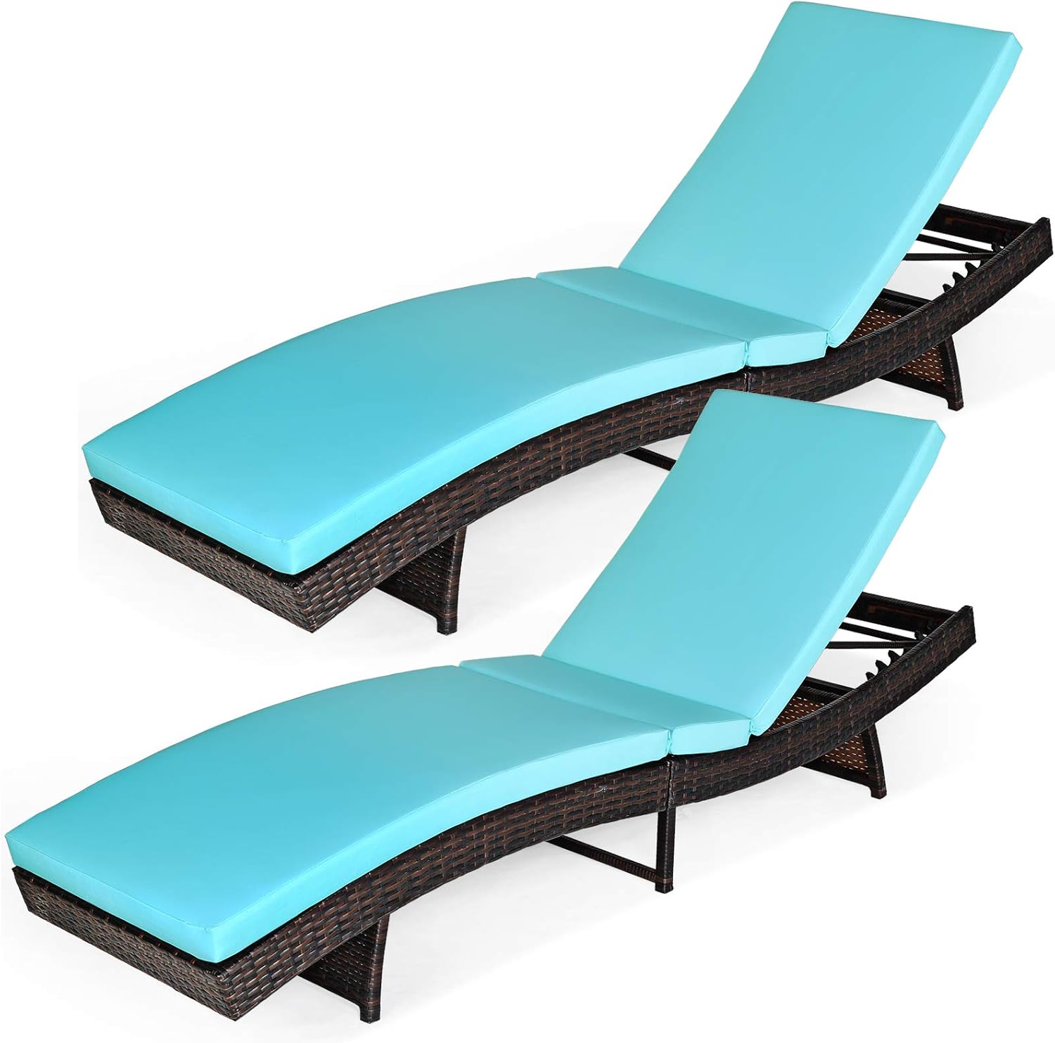 COSTWAY Set of 2 Patio PE Rattan Lounge Chairs, Folding Outdoor Chaise Lounge with 5-Gear Adjustable Backrest & Soft Cushion (Turquoise)