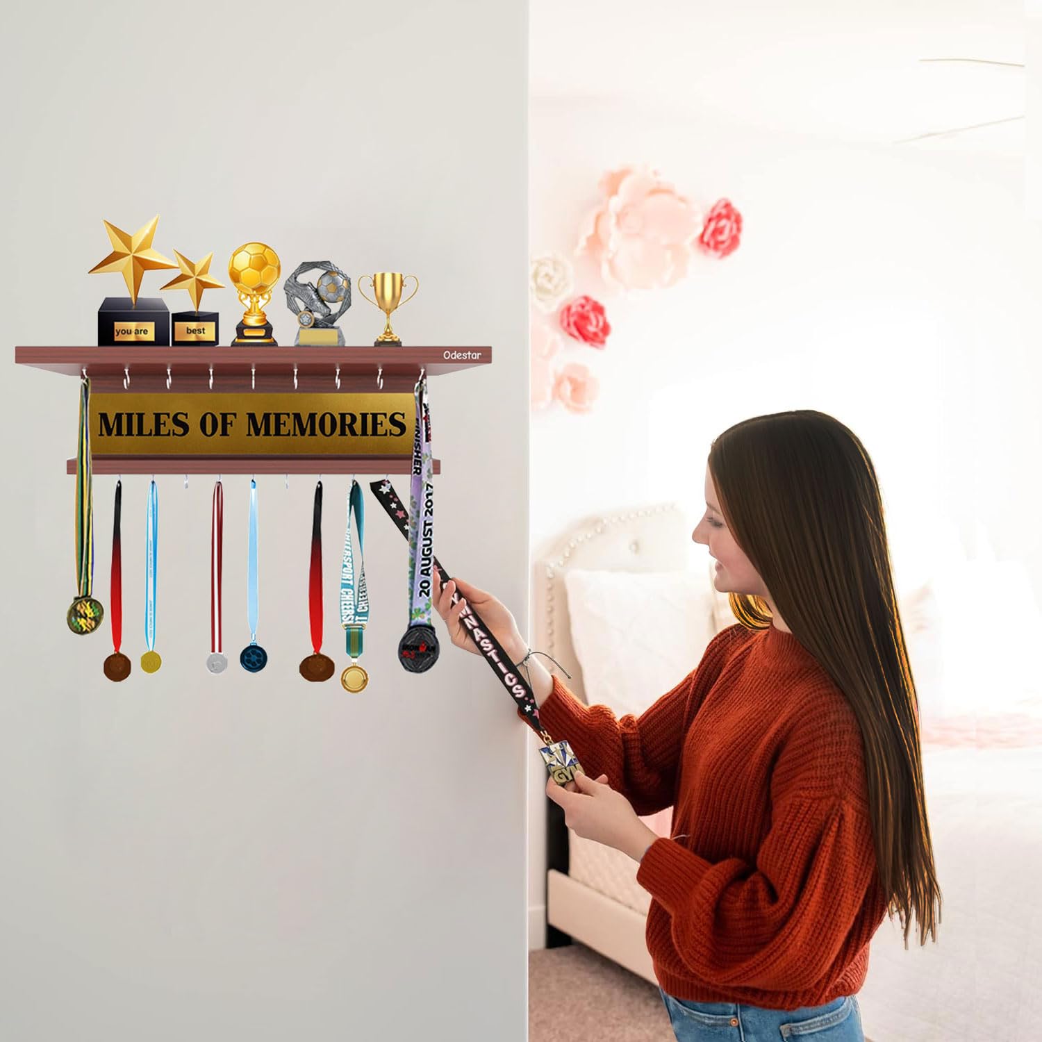 Odestar Medal Holder - Miles of Memories I Wall Mounted Home Decor Hooks with Wall Shelf Display Rack Engineered Wood-Model-Drew, 16 Hooks, (Color-Classic Walnut)