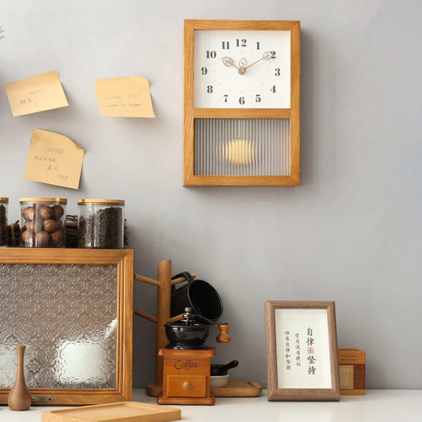 SIXRUN Reloj de Pared Retro Japonés Rectangular con Péndulo, Madera de Nogal y Vidrio, Decorativo, 1100g