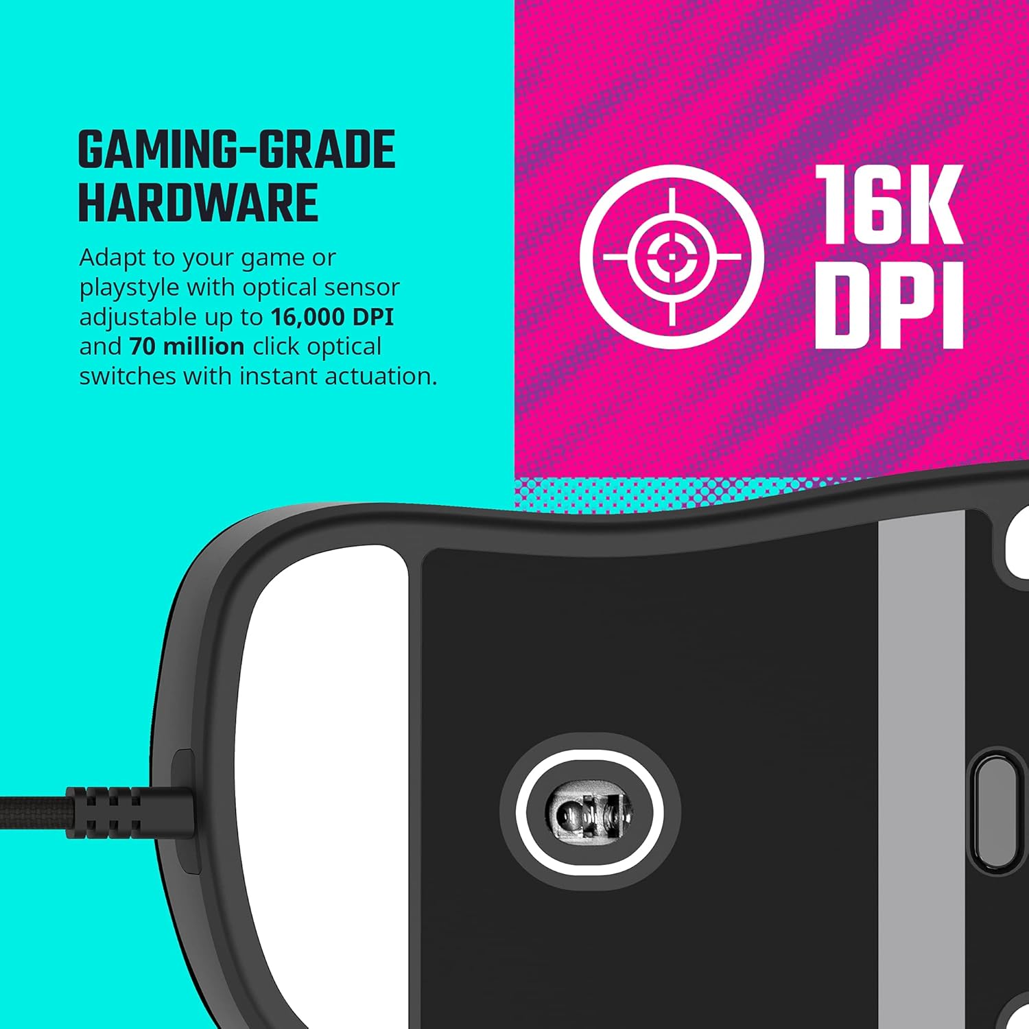 Cooler Master MM730 Wire Gaming Mouse, bottom view showing the optical sensor and PTFE feet.