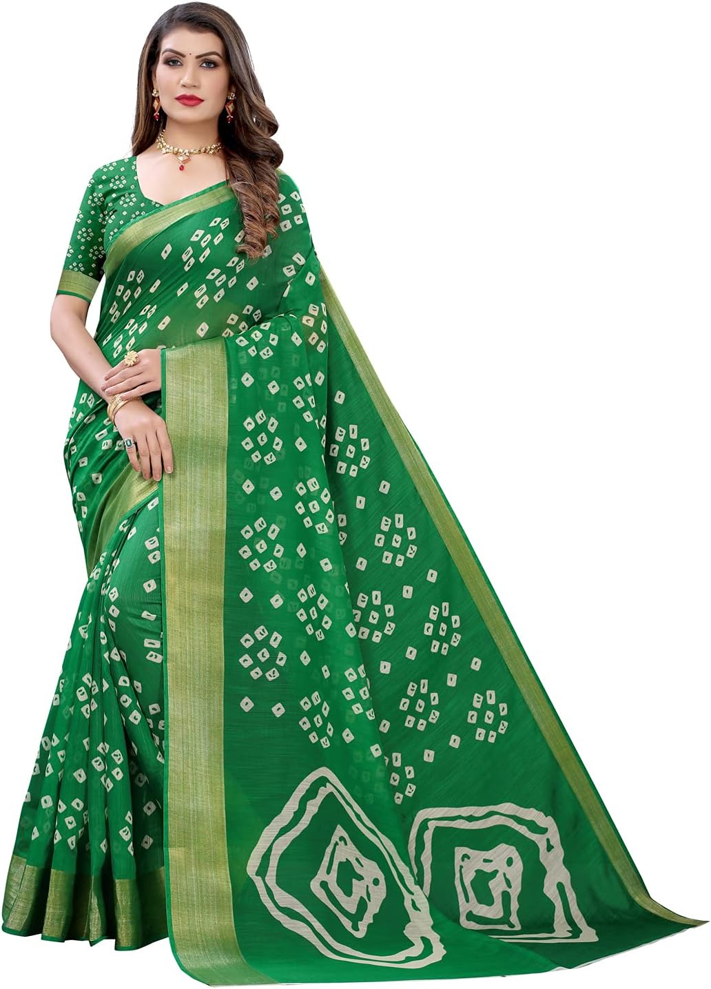 Satrani Women's Bandhani Printed Jari Patta Poly Cotton Saree With Blouse Piece