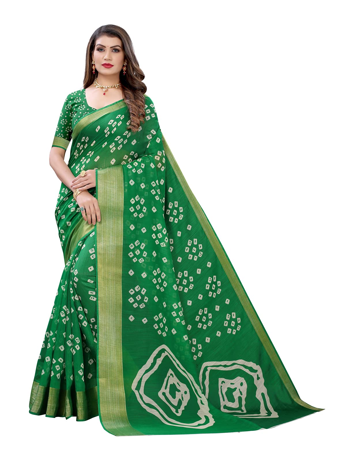 Satrani Women's Bandhani Printed Jari Patta Poly Cotton Saree With Blouse Piece