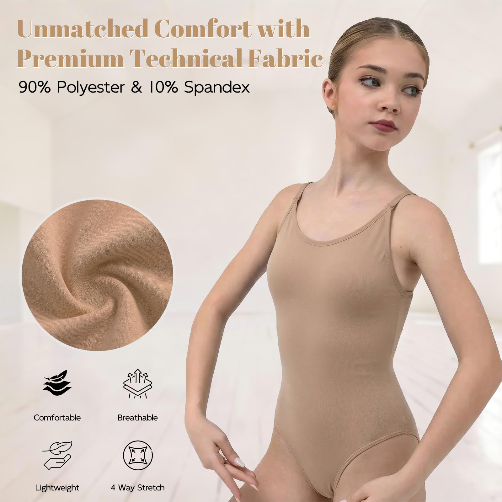 Body da ginnastica per ragazze e donne, con canotta color carne senza cuciture, con cinturino regolabile e cinturino trasparente, per danza classica, abbigliamento intimo, costume con fascia