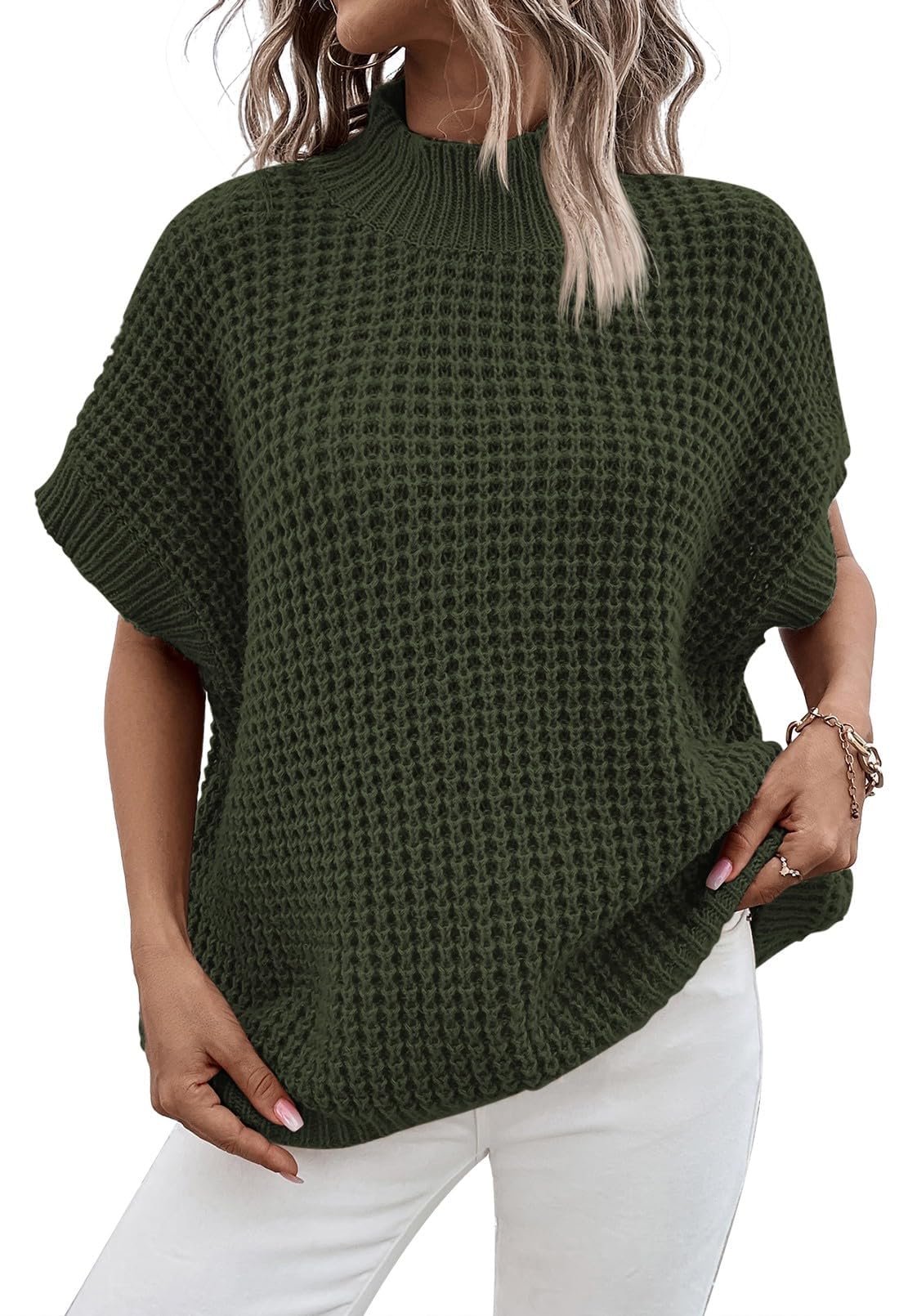 Pink Queen Womens Mock Neck Batwing Short Sleeve Loose Oversized Knit Pullover Sweater Vest Jumper Tops