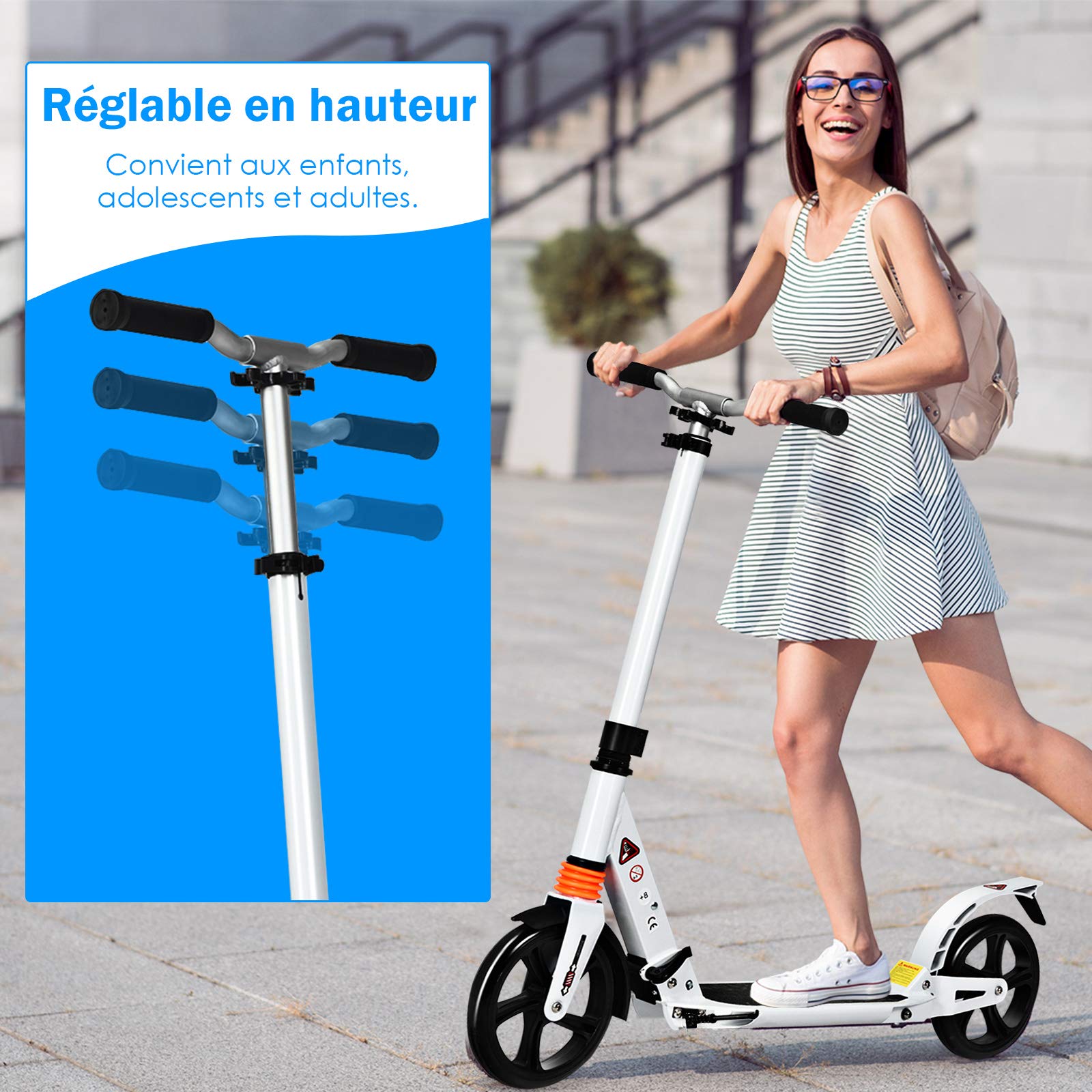 Patinete Plegable Para Adultos Y Niños - Manillar Ajustable (86,5-101 Cm), Doble Freno, Carga 100 Kg, Ruedas De PU Con Amortiguación
