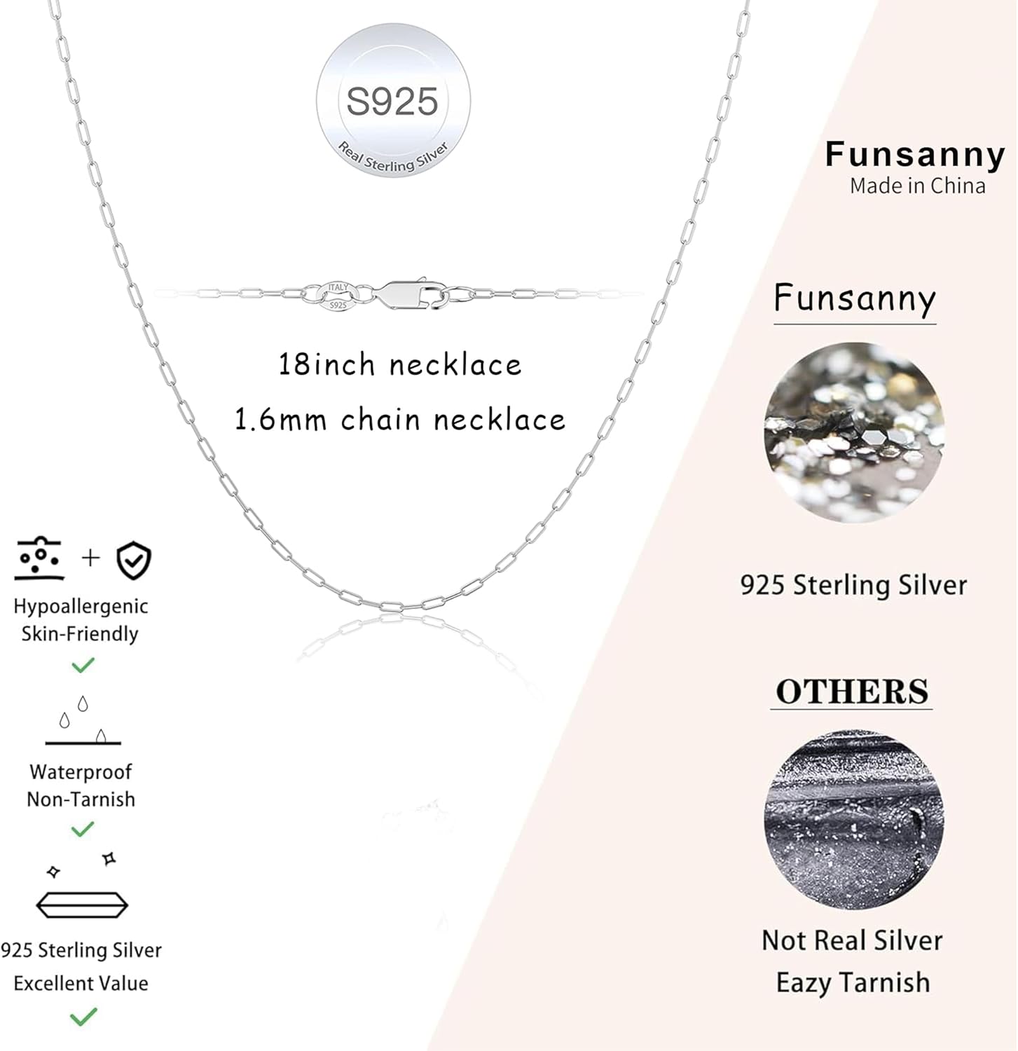 Christmas Gifts S925 Sterling Silver Paperclip Necklace for Women -1.6mm Simple Silver Choker Necklaces Sterling Silver Chain for Women Minimalist Waterproof Link Necklace Trendy Jewelry Gifts - Image 4