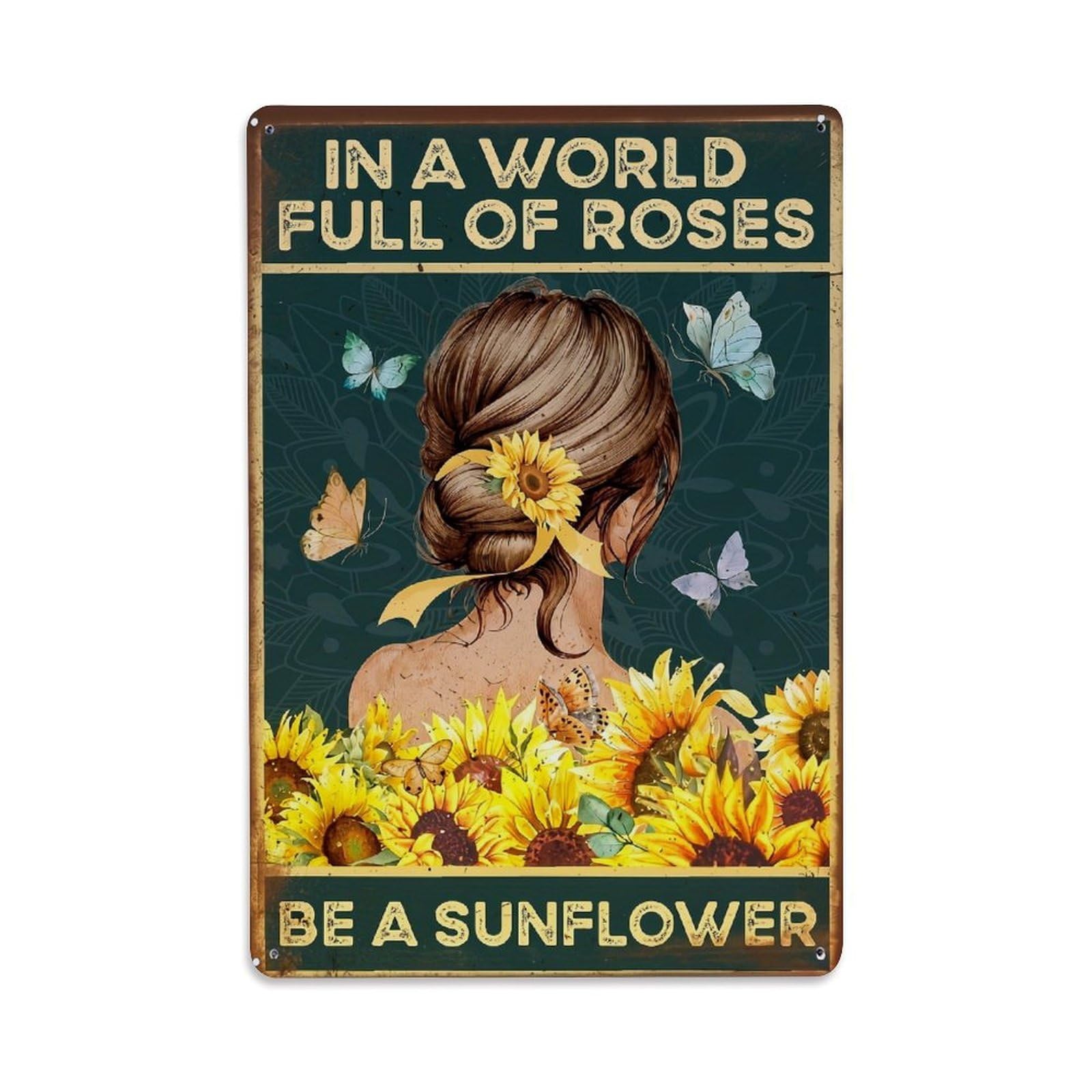 Woman With Sunflowers And Butterflies Retro Metal Tin Sign, Vintage Metal Poster for home, Gaming Room, Studio Workshop,Bar,Garage Wall Art Decor 8x12 Inch